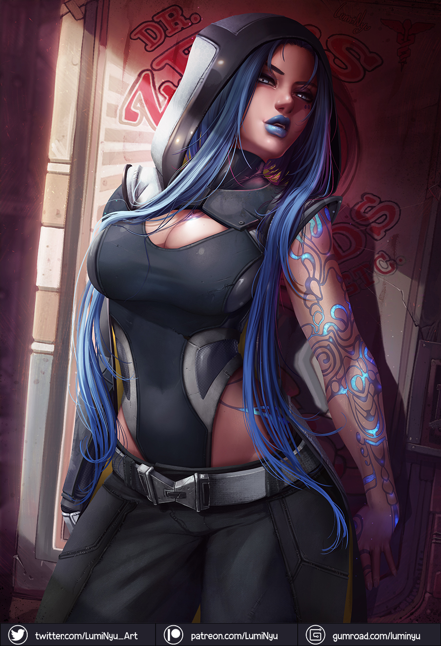 1girls, 2d, big breasts, blue eyes, blue hair, blue lipstick, body markings, borderlands, borderlands 3, breasts, cleavage, female, female only, glowing markings, glowing tattoo, grey eyes, hair, hips, hood, hoodie, large breasts, lips, long hair, luminyu, makeup, maya (borderlands), siren (borderlands), siren markings, solo, solo female, solo focus, tattoo