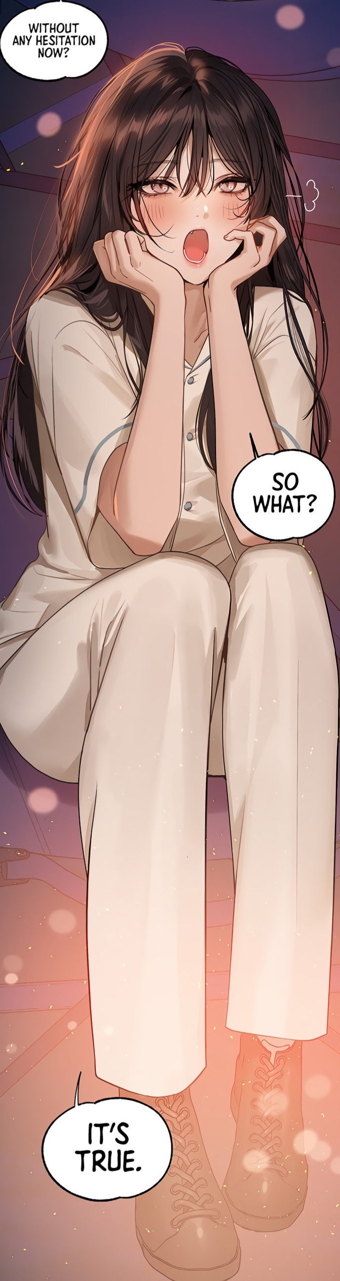 1girls black_hair blush boots english_text long_hair manhwa mouth_open my_landlady_noona purple_eyes seo_nari sitting