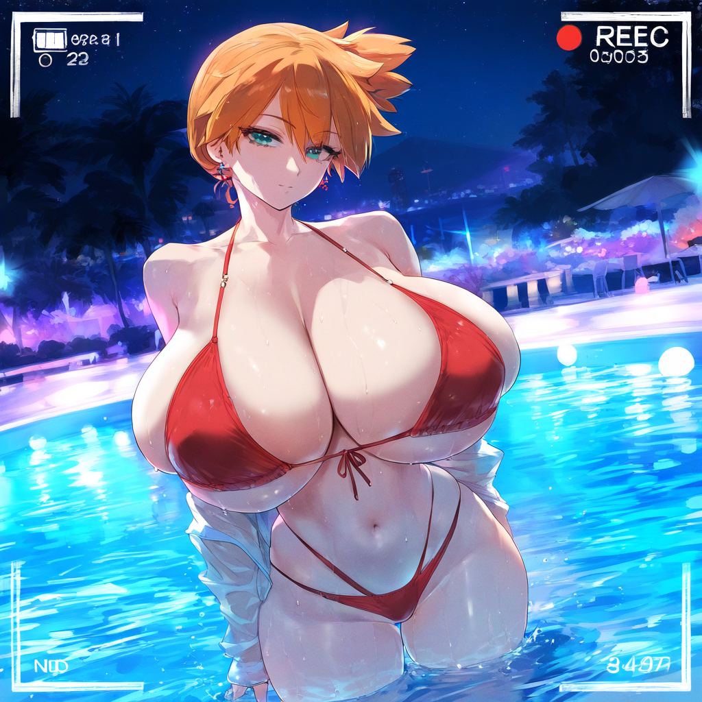 ai_generated asymmetrical_hair bangs bare_shoulders bikini blue_eyes blush breasts clavicle cleavage closed_mouth clothing cowboy_shot curvaceous earrings female female female_only front-tie_top green_eyes gym_leader huge_breasts jewelry kasumi_(pokemon) kasumi_(pokemon) large_breasts looking_at_viewer navel night night_sky orange_hair outdoors partially_submerged pokemon pokemon_(anime) pokemon_(classic_anime) pokemon_(game) pokemon_character ponytail pool red_bikini red_swimsuit shiny shiny_skin shirt short_hair side_ponytail sky smile solo standing stomach swimsuit thick_thighs thighs tied_hair tree umbrella wading water wet white_shirt wide_hips