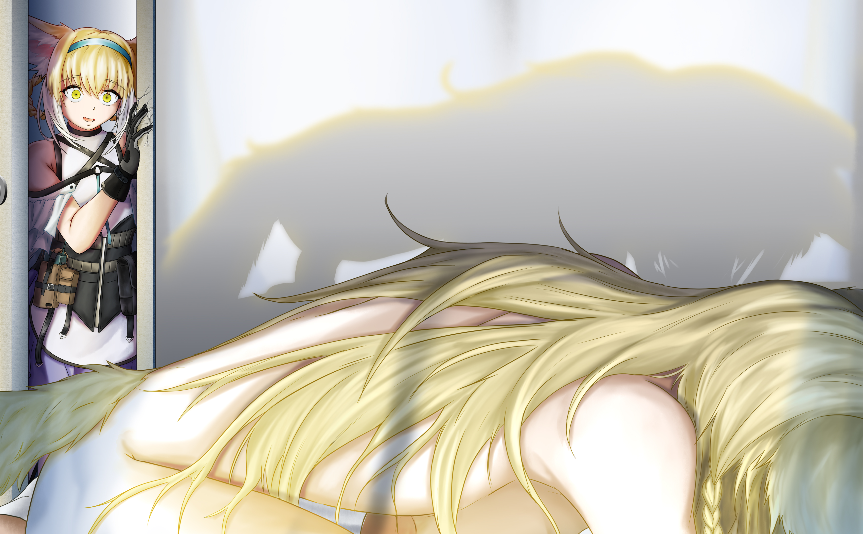 2girls, animal ear fluff, animal ears, arknights, female, kemonomimi, nude, sex, shadow, shadyoaks (lucknuts), surprised, suzuran (arknights), tail, vulpisfoglia (arknights), walked in on