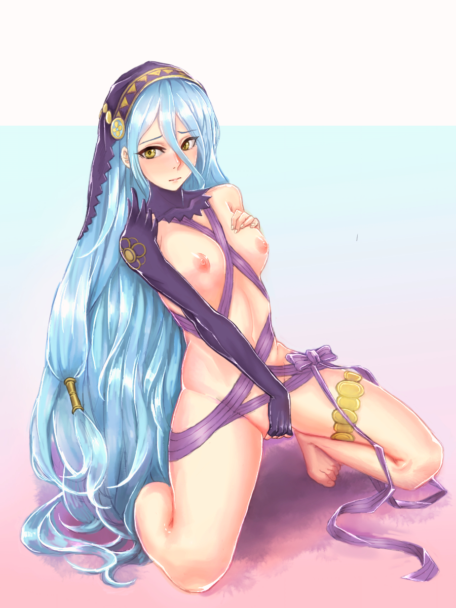 1girls, aqua hair, azura (fire emblem), barefoot, blush, breasts, detached collar, elbow gloves, female, female only, fingerless gloves, fire emblem, fire emblem fates, fire emblem heroes, full body, gloves, hair between eyes, highres, horny, human, kneeling, long hair, looking at viewer, midriff, nipples, pocari66, sash, self fondle, single glove, solo, spread legs, tiptoes, veil, very long hair, yellow eyes