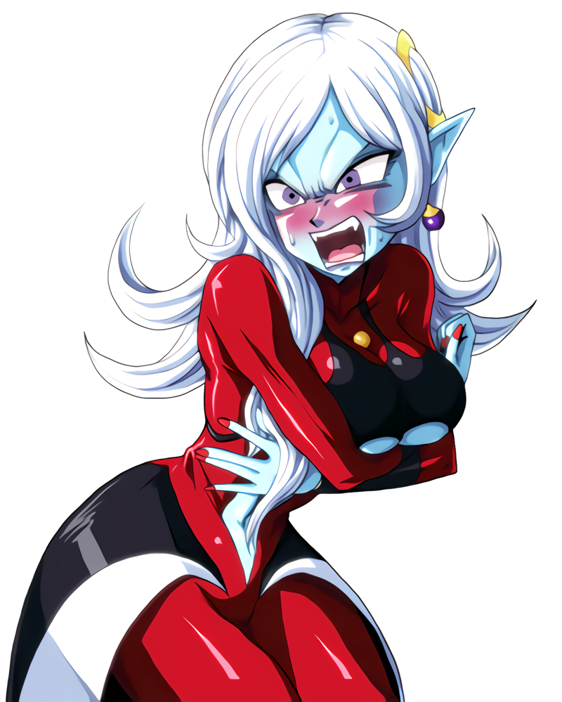 1girls angry blue_skin blush demon_ears demoness dragon_ball dragon_ball_heroes dragon_ball_xenoverse embarrassed female female_only fully_clothed kamishima_kanon nail_polish pointy_ears red_nails solo tight_clothing towa underboob white_hair