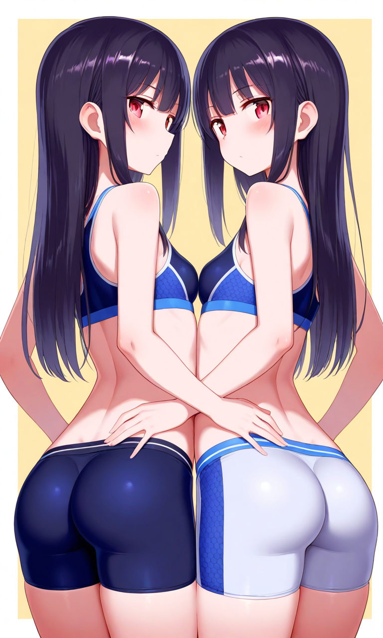 2girls ai_generated ass black_hair booty_shorts hands_on_back red_eyes sports_bra twins