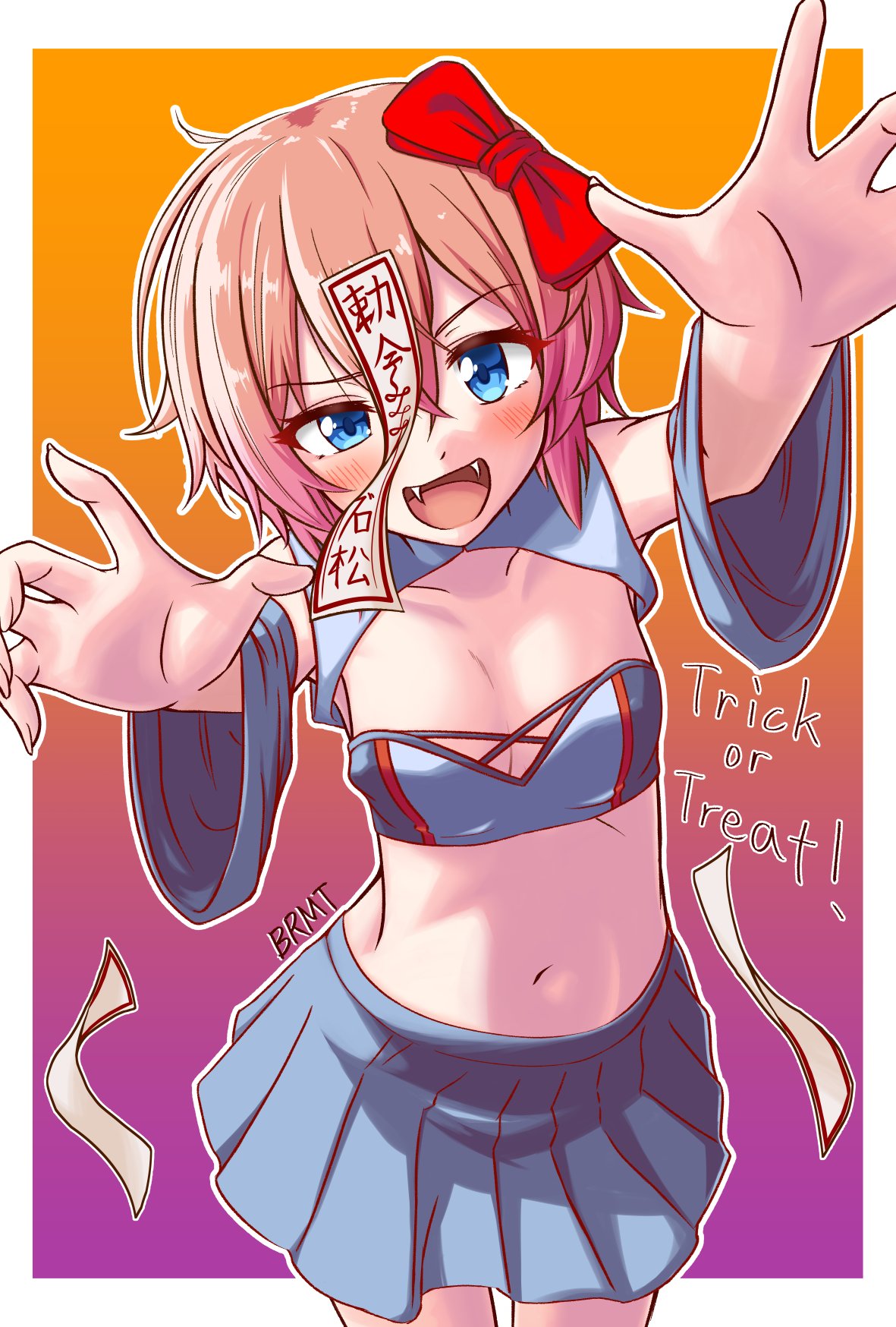 1girls, 5 fingers, blue eyes, blush, bow, breasts, brolymatsumoto (artist), doki doki literature club, english text, fangs, female, hair bow, hairbow, halloween, mouth open, navel, open mouth, red bow, red hair bow, red hairbow, sayori (doki doki literature club), skirt, strawberry blonde hair, text