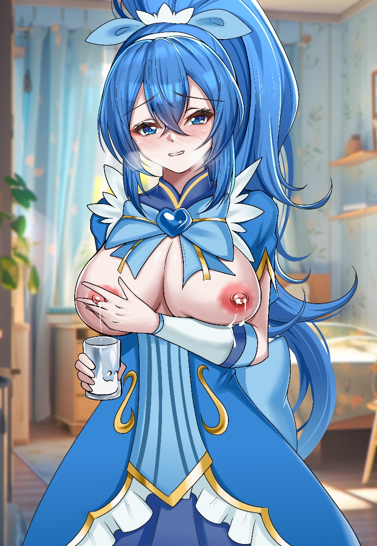 1girls balala_the_fairies balala_the_fairies_finding_melody blue_eyes blue_hair breasts detached_sleeves female lactation ling_mei_qi magical_girl milk nipples open_mouth ponytail pretty_cure user_grzc3324