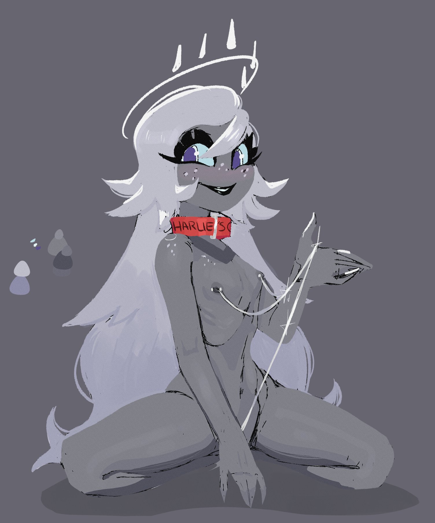 1girls, breasts, brialzebubbie, chains, collar, emily (hazbin hotel), female, hazbin hotel, long hair, nude, nude female, pierced nipples, piercing, small breasts, solo, solo female, solo focus, sp4gh3tt1 (artist), spread legs