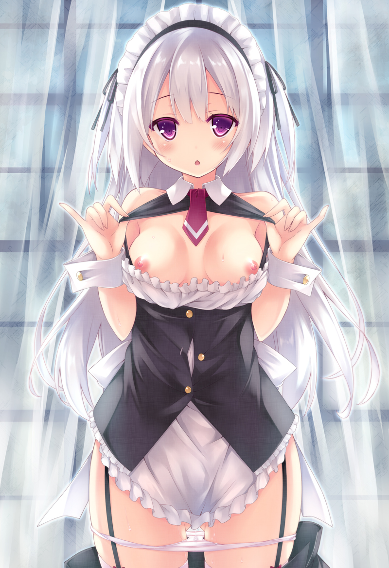 blush breasts commentary_request curtains female garter_straps long_hair looking_at_viewer maid nipples original panties panty_pull purple_eyes pussy_juice ryo silver_hair solo two_side_up underwear window wrist_cuffs