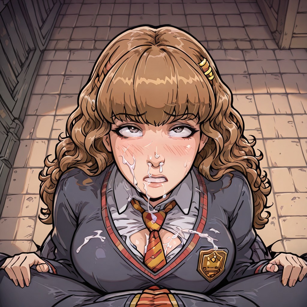 ai_generated akabur_style breasts brown_hair clothed clothing confused cum cum_in_nose cum_on_chest cum_on_face curly_hair echodantalian hermione_granger miniskirt on_knees penetration pov school school_uniform schoolgirl skirt story story_in_picture uniform witch_trainer