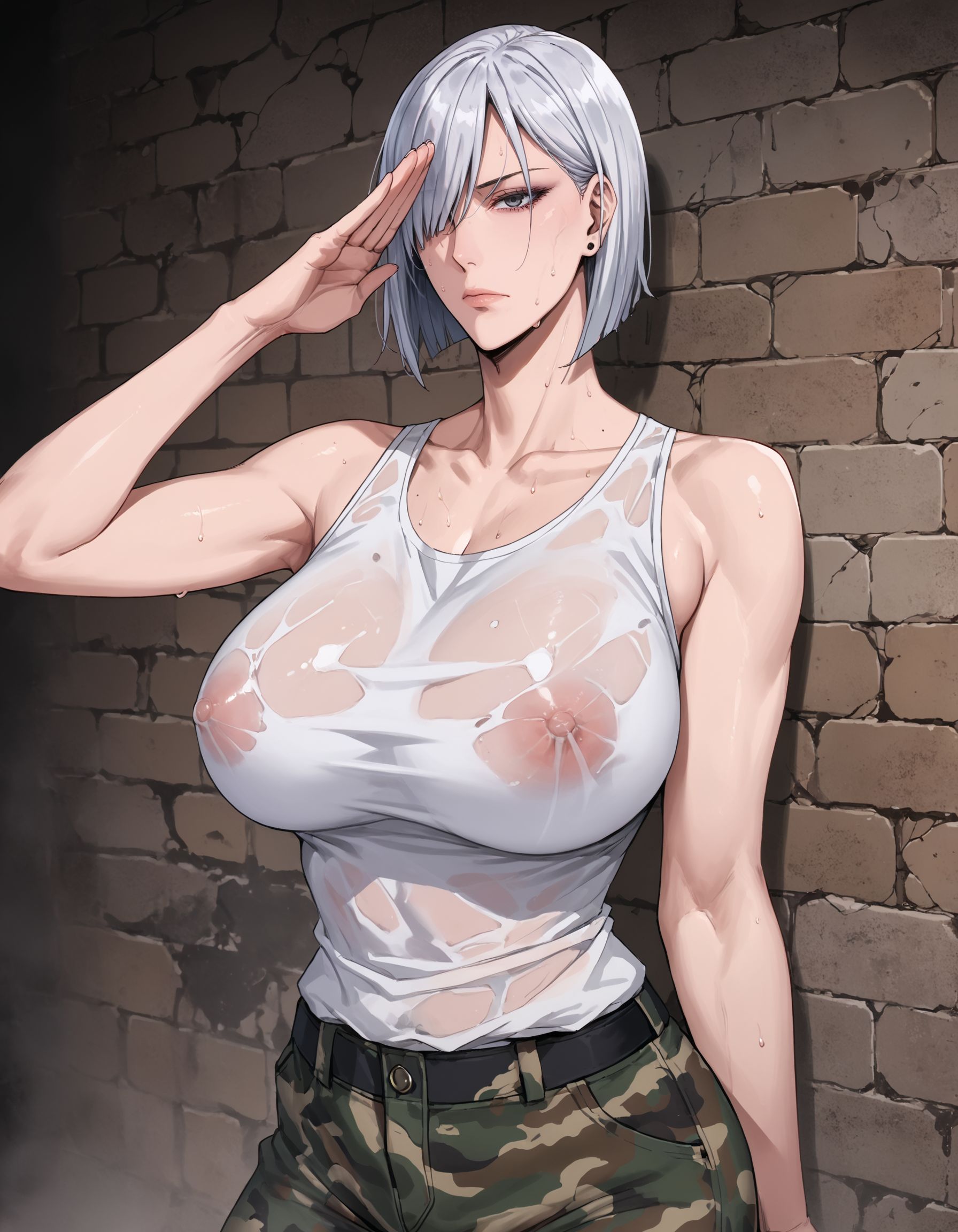 1girls, 774 ai, ai generated, big breasts, breasts, female, fiona frost, looking at viewer, nipples, nipples visible through clothing, salute, spy x family, sweat, tank top, white hair