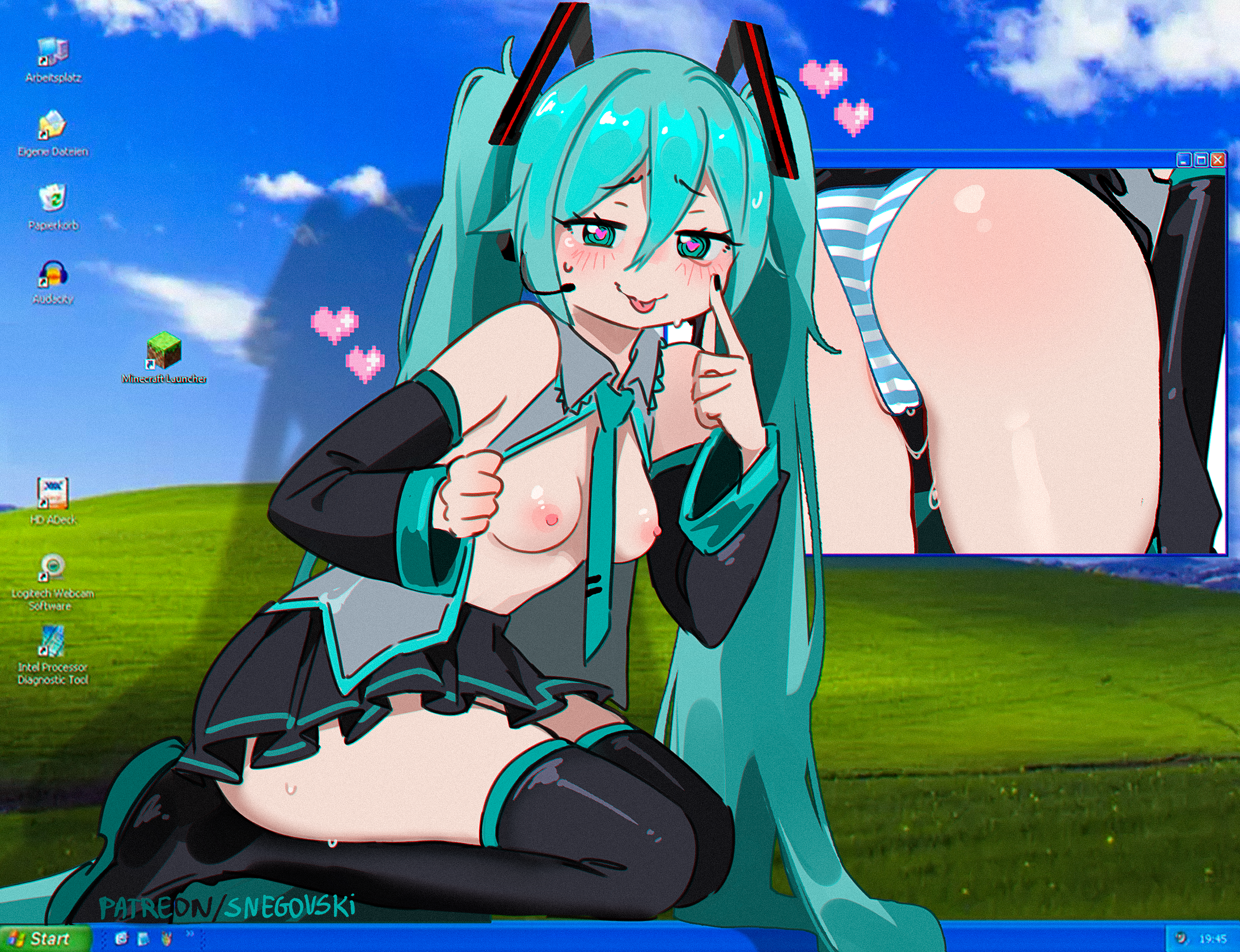 :p, 1girl, 1girls, akanbe, aqua eyes, aqua hair, ass, blush, boots, breasts, detached sleeves, excited, female, female focus, hatsune miku, headset, heart, heart-shaped pupils, long hair, looking at viewer, medium breasts, necktie, nipples, open clothes, open shirt, outdoors, panties, pleated skirt, pussy, pussy juice, seiza, shirt, sitting, skirt, sky, snegovski, solo, straight, striped, striped panties, symbol-shaped pupils, tagme, thigh boots, thighhighs, tongue, tongue out, twintails, underwear, very long hair, vocaloid, wet, wet pussy