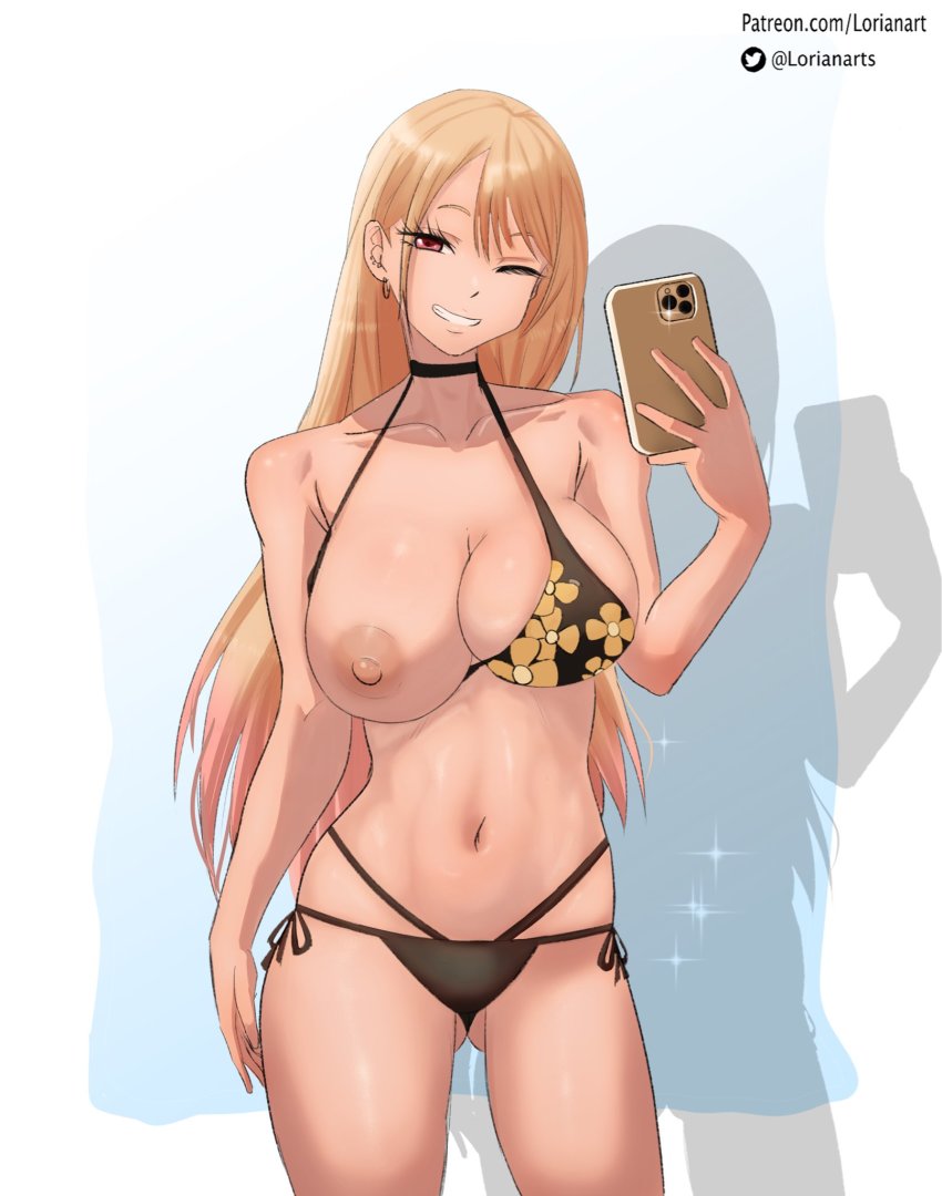 1girls, bare shoulders, breasts, female, female only, gyaru, human, jewelry, kitagawa marin, long hair, lorianarts, nipples, one breast out, one eye closed, phone, smile, solo, sono bisque doll wa koi wo suru, swimsuit