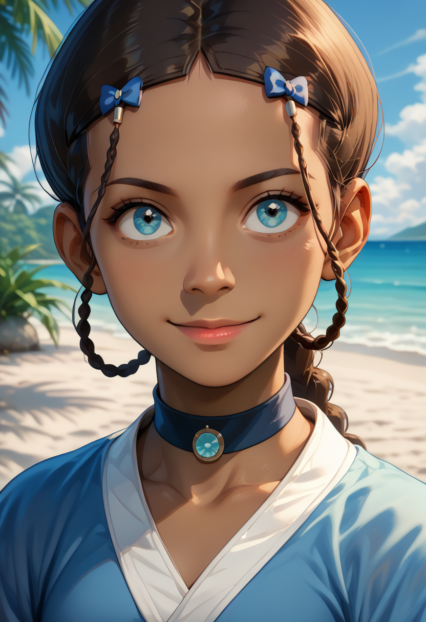 ai_generated avatar_legends avatar_the_last_airbender black_hair blue_eyes dark_skin female highres jewelry katara looking_at_viewer necklace nickelodeon nicktoons smirk