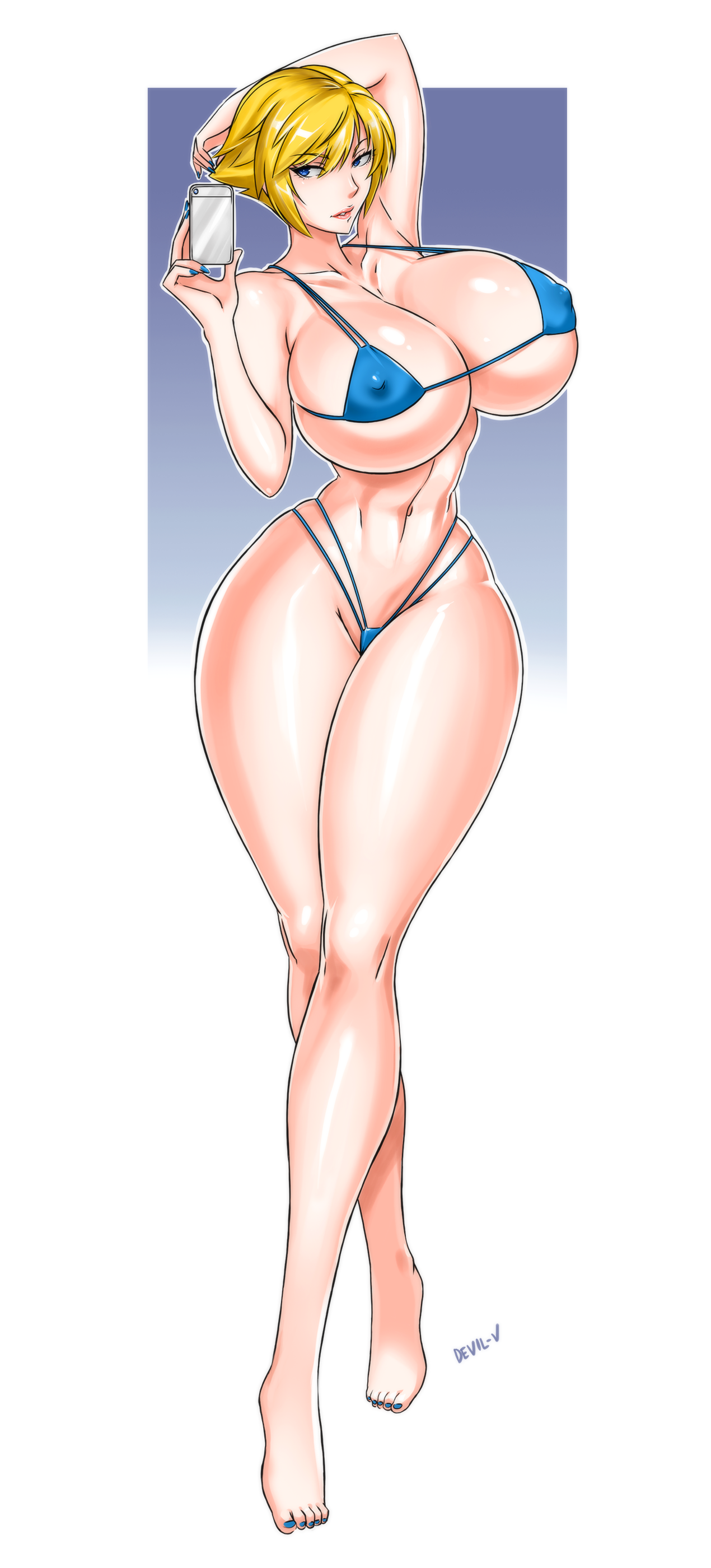 barefoot, bikini, blonde hair, blue eyes, blue nails, breasts, cellphone, covered nipples, devil-v, female, highres, large breasts, long legs, nail polish, navel, original, parted lips, perky breasts, pose, shiny, shiny hair, shiny skin, short hair, solo, swimsuit, tiptoes, toenail polish, wide hips