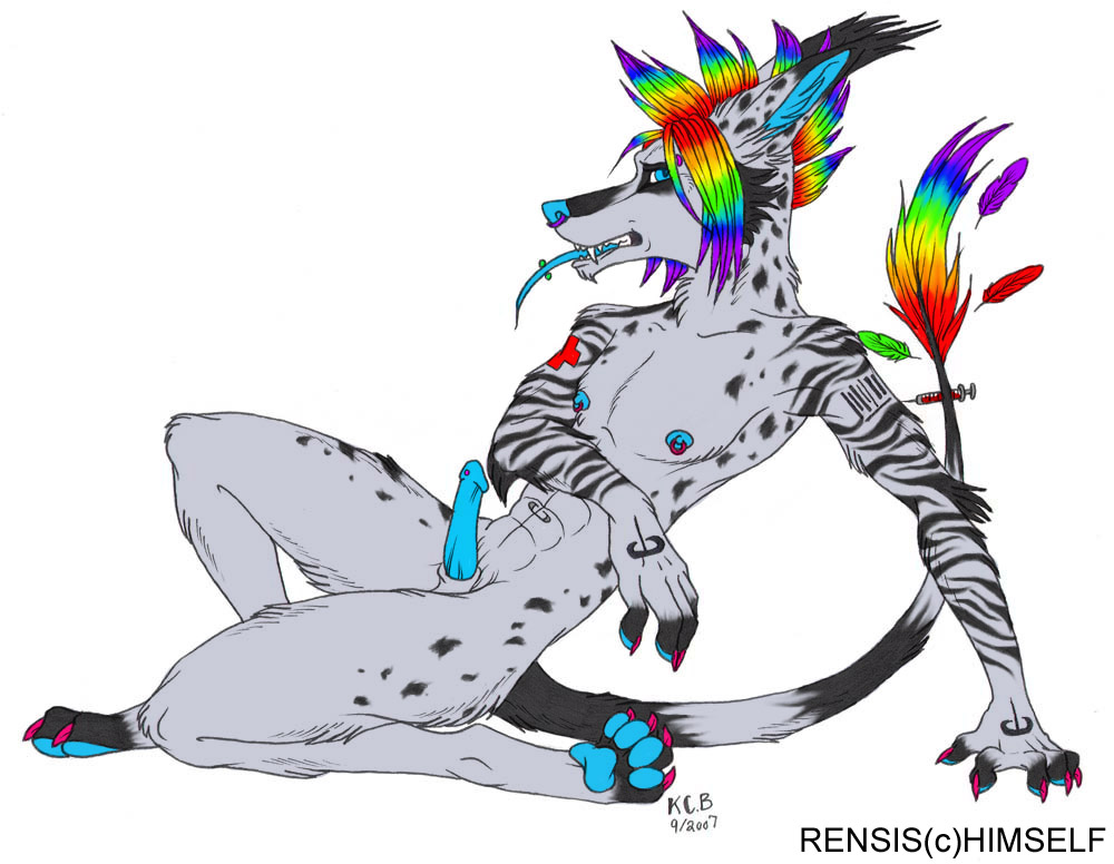 anthro erection feathers hair kcravenyote male male_only mohawk multicolored_hair paws piercing rainbow rainbow_hair rensis solo syringe tongue