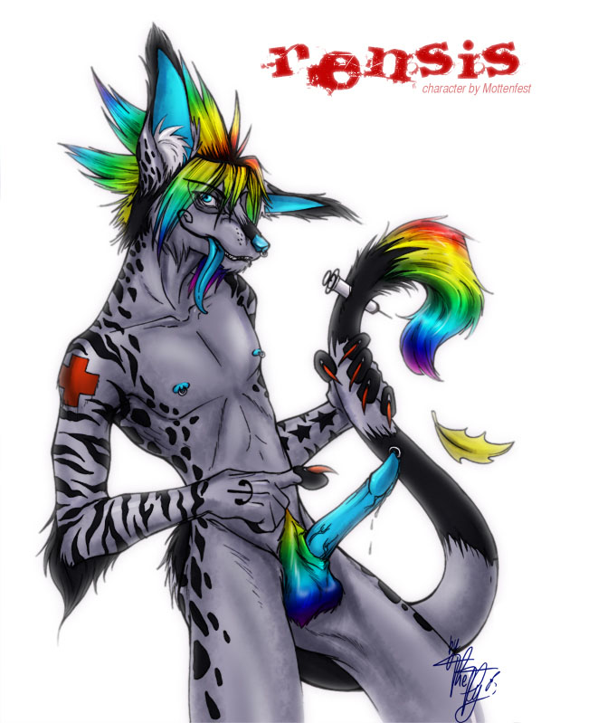 erection furry male male_only mohawk nipples rainbow_hair rainbow_pubes rensis rotarr solo syringe tongue