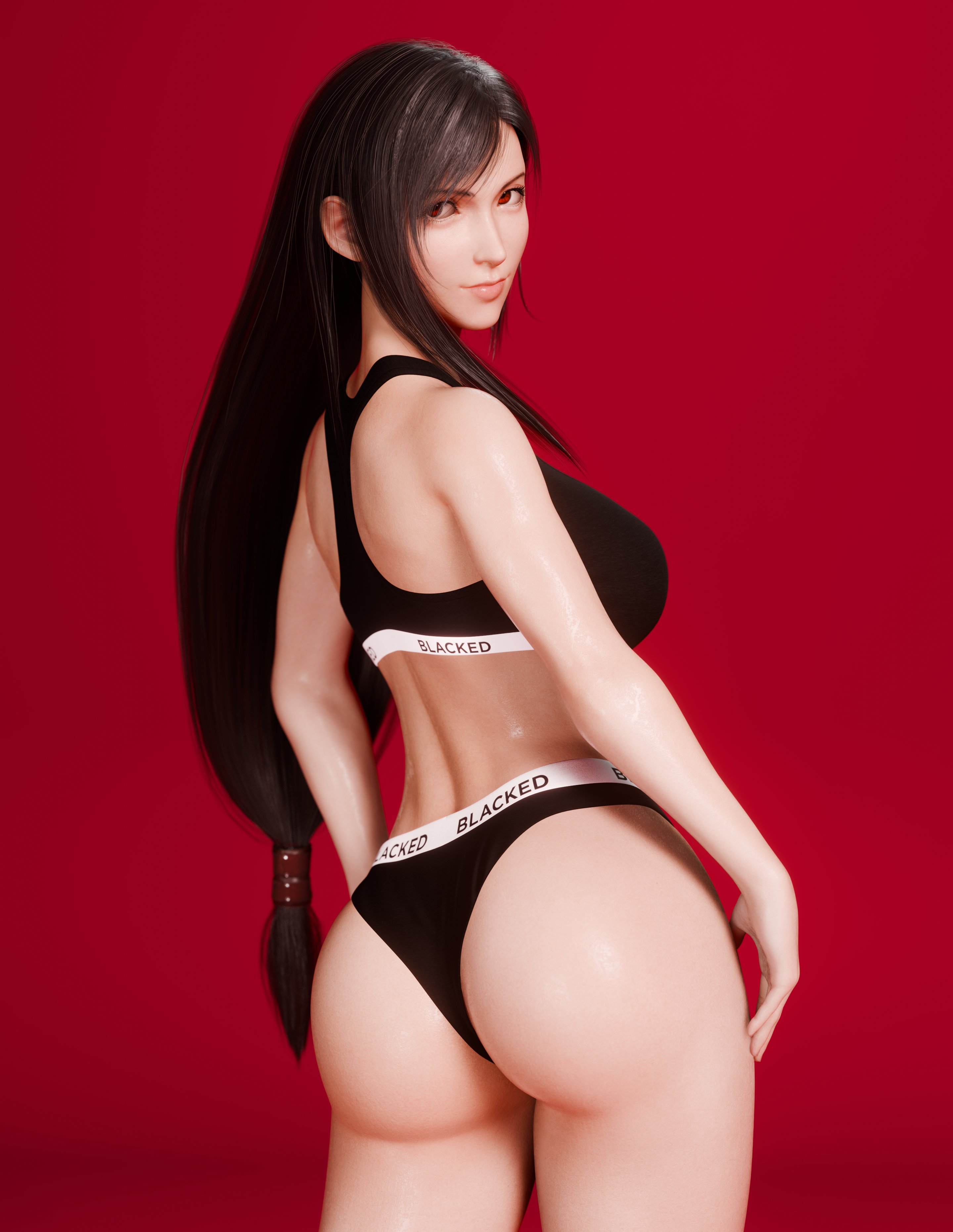 1girls, 3d, 3d (artwork), artist name, ass, back, bangs, bare shoulders, black bra, black clothes, black hair, black panties, black underwear, blacked, blacked clothing, bra, breasts, clothing, cowboy shot, derpderp, female, female only, final fantasy, final fantasy vii, final fantasy vii remake, from behind, high resolution, large breasts, lips, long hair, looking at viewer, looking back, low-tied long hair, nose, pantsu, red background, red eyes, shiny, shiny skin, simple background, smile, solo, sports bra, sportswear, square enix, standing, swept bangs, thighs, tied hair, tifa lockhart, uncensored, underwear, underwear only, very high resolution, very long hair