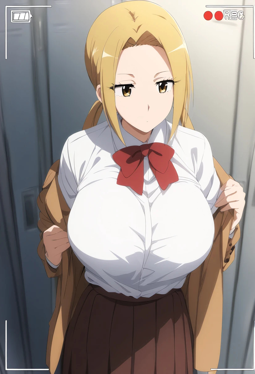 ai_generated blonde_hair blush camera_view clothes_lift gigantic_breasts hagimura_suzu huge_breasts light-skinned_female light_skin massive_breasts school_uniform schoolgirl seitokai_yakuindomo solo_female squatting sweat sweatdrop thick_body thick_female twintails voluptuous voluptuous_female yellow_eyes yok_(artist)