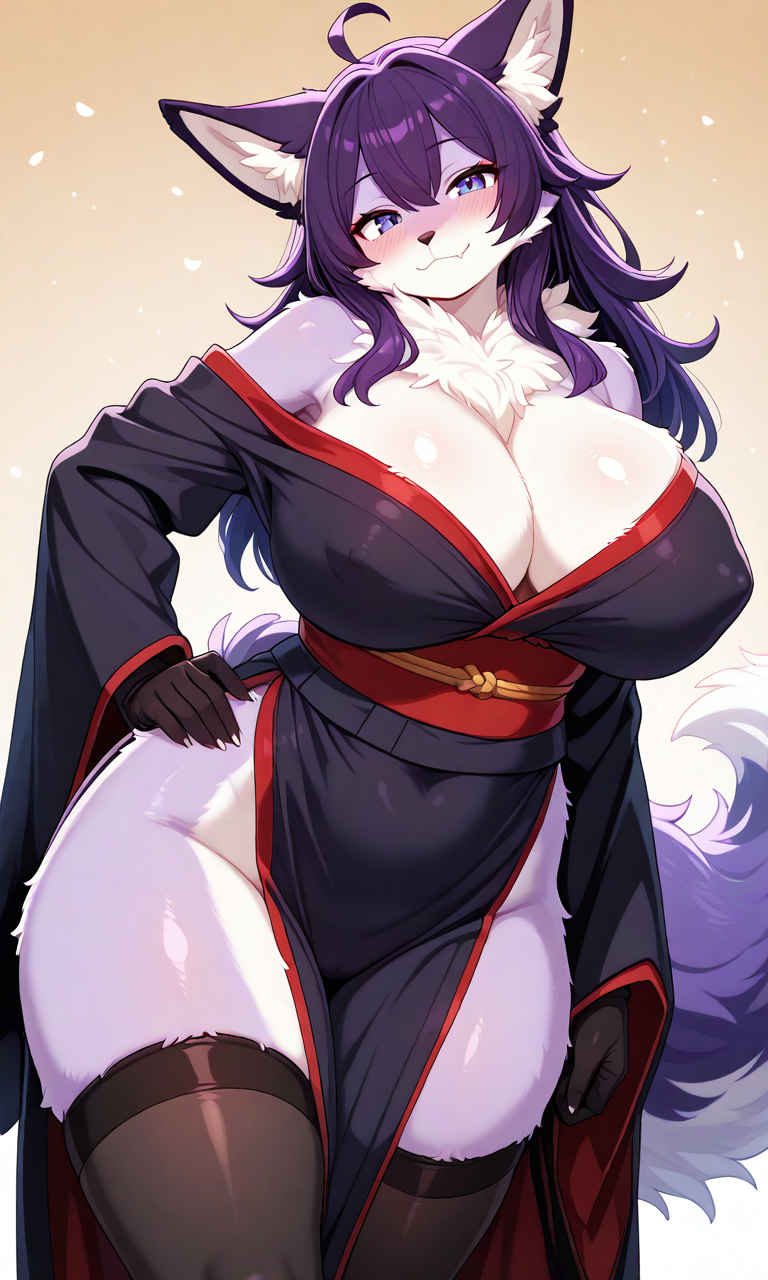 ai_generated anthro areola_bulge bangs black_kimono black_thighhighs breasts curvy fangs female female_only fox fox_girl furry furry_female furry_only hair_between_eyes hand_on_hip head_tilt hip_sway huge_breasts imforskin kimono large_breasts long_hair looking_at_viewer nipple_bulge purple_eyes purple_fur purple_hair simple_background slit_pupils smile solo thick_thighs thighhighs voluptuous white_fur wide_hips