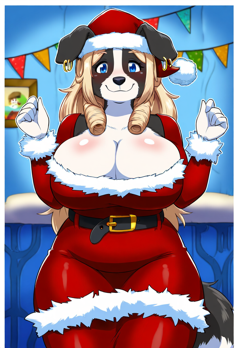 ai_generated anthro blonde_hair blue_eyes border_collie canine canine christmas christmas_clothing cleavage cleavage_overflow earrings female_focus furry furry_female furry_focus furry_only long_hair looking_at_viewer mature_female red_dress santa_hat sfw thick_thighs wide_hips