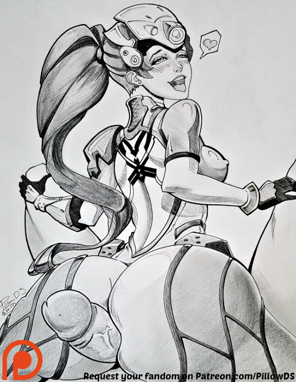 ahe gao, ass, assjob, blush, bodysuit, breasts, buttjob, cleavage, covered assjob, covered buttjob, erection, female, heart, male, monochrome, overwatch, penis, pillowds, widowmaker