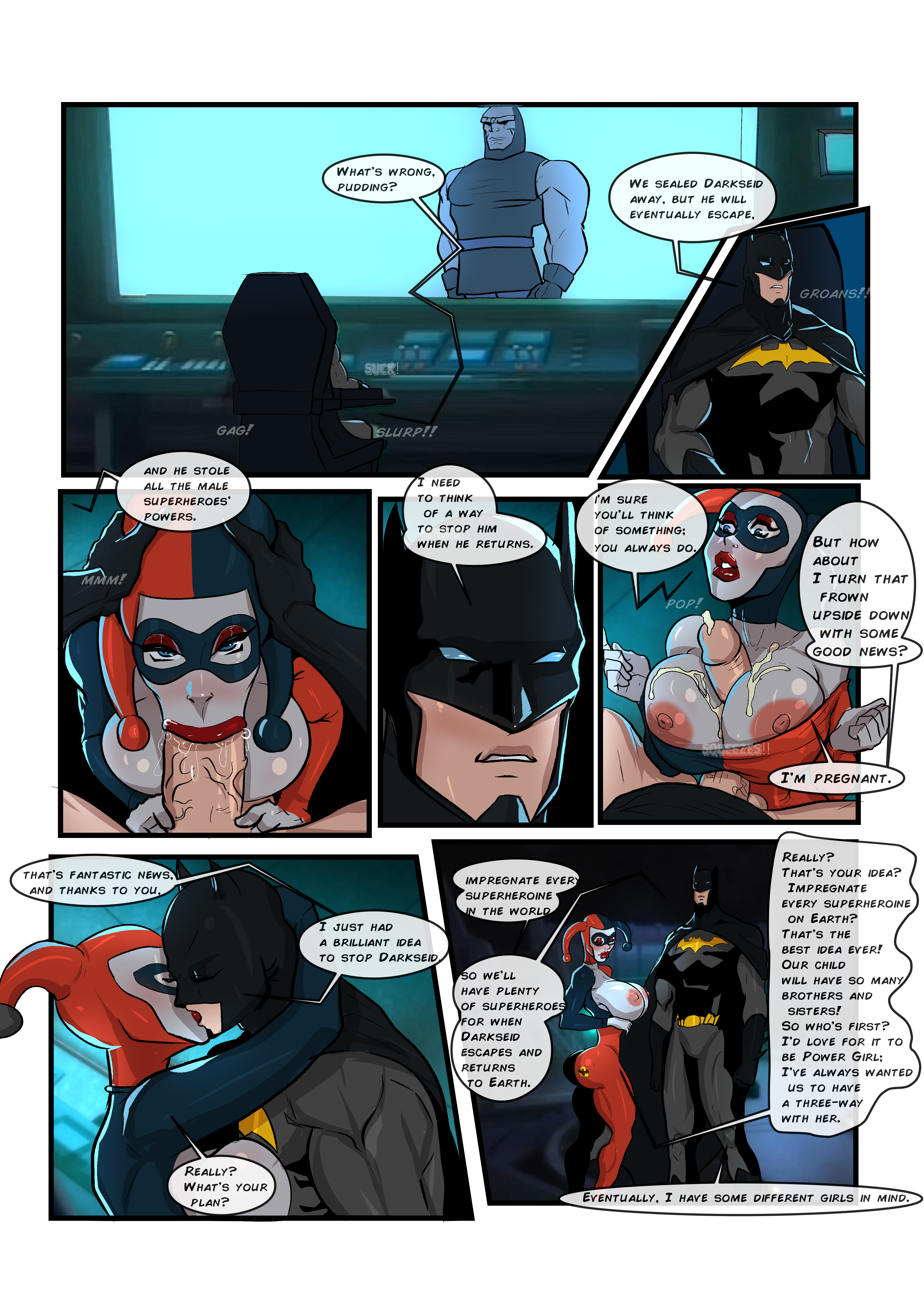 :>=, ass, batman, batman (bruce wayne), batman (series), big ass, big breasts, bimbo body, blowjob, boobjob, boobs out, breasts, bruce wayne, couple, darkseid, dc, dc comics, ejaculation, enemies, enemies to lovers, enemies to married, english text, fellatio, female, harley quinn, harley quinn (classic), kissing, lasgaclaven, wife and husband, zstorys22