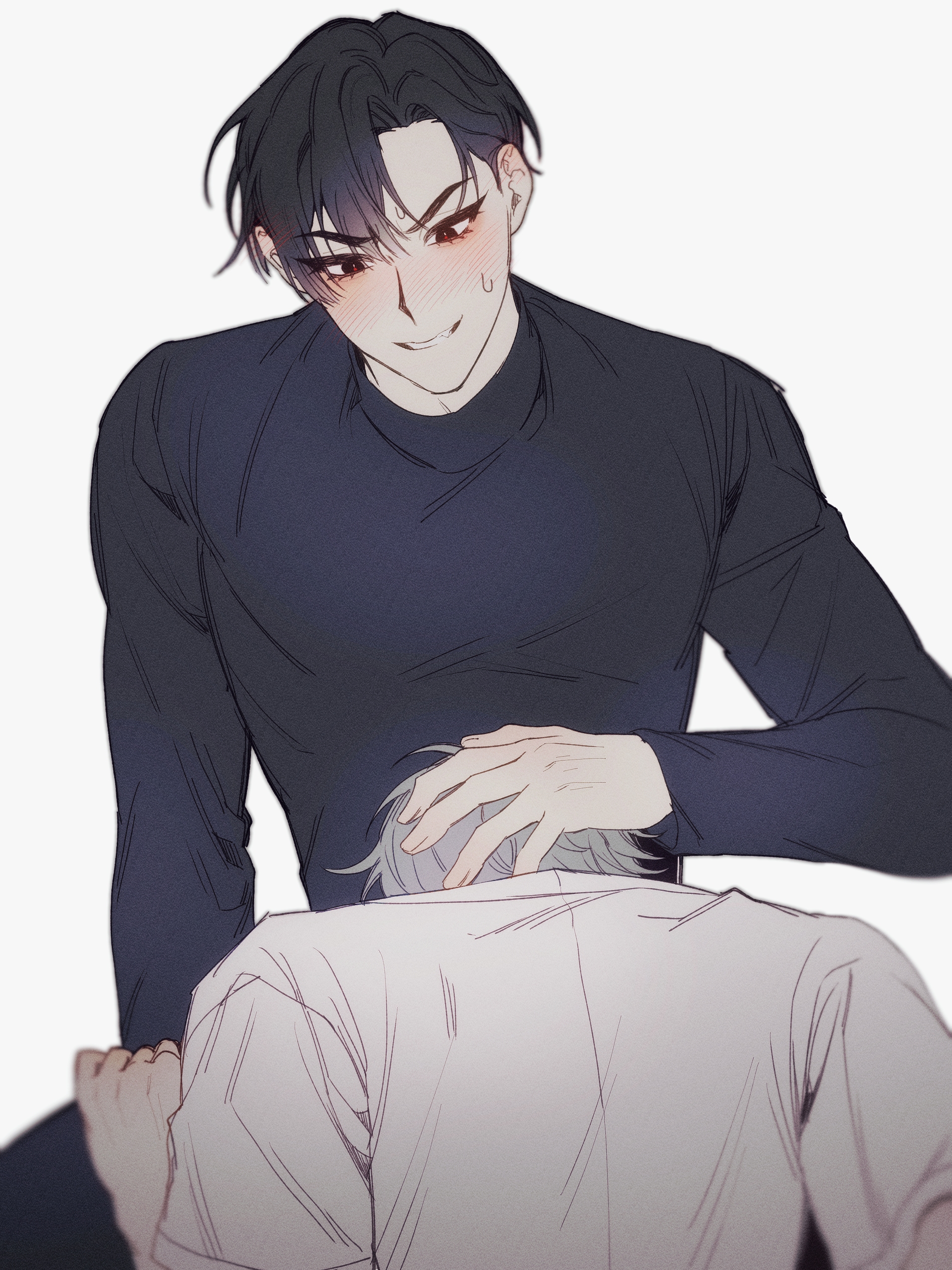 2boys, alien stage, black eyes, black hair, black pants, black shirt, blowjob, grey hair, hand on another's head, implied fellatio, ivan (alien stage), male, red pupils, short hair, t4o3q, till (alien stage), white shirt, yaoi