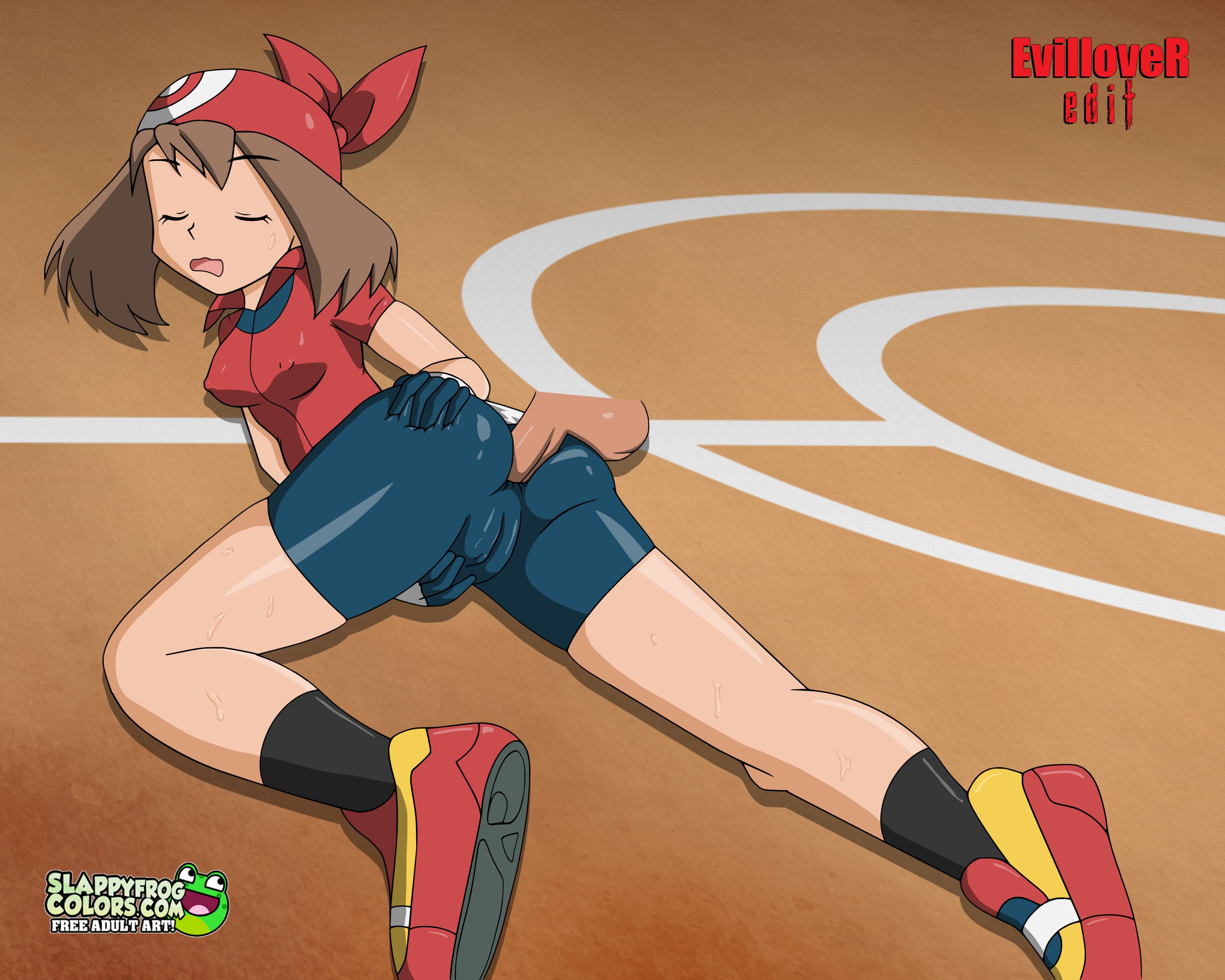 1boy, anal, anal penetration, anal sex, anal through clothes, ass, assjob, bandana, bike shorts, brown hair, buttjob, female, forced in fabric, from behind, gradient, gradient background, grinding, highres, huge ass, human, human only, looking back, male, may (pokemon rs), may (pokemon), penetration through clothes, penis, pokemon, rubbing, sweat, uncensored