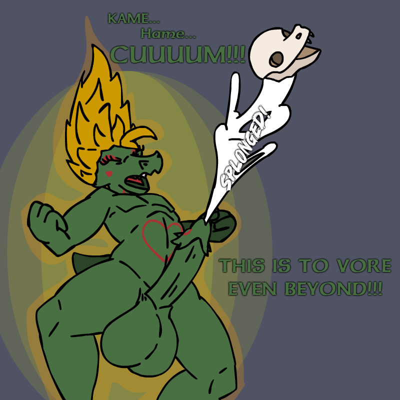 anthro bodily_fluids bone bones_in_cum cock_vore cum cum_vore digestion fatal_vore fists_clenched genital_fluids genitals kakroon levitating levitation lizard magic magic_user male penile penis pose powering_up reptile scalie screaming skull solo super_saiyan vore