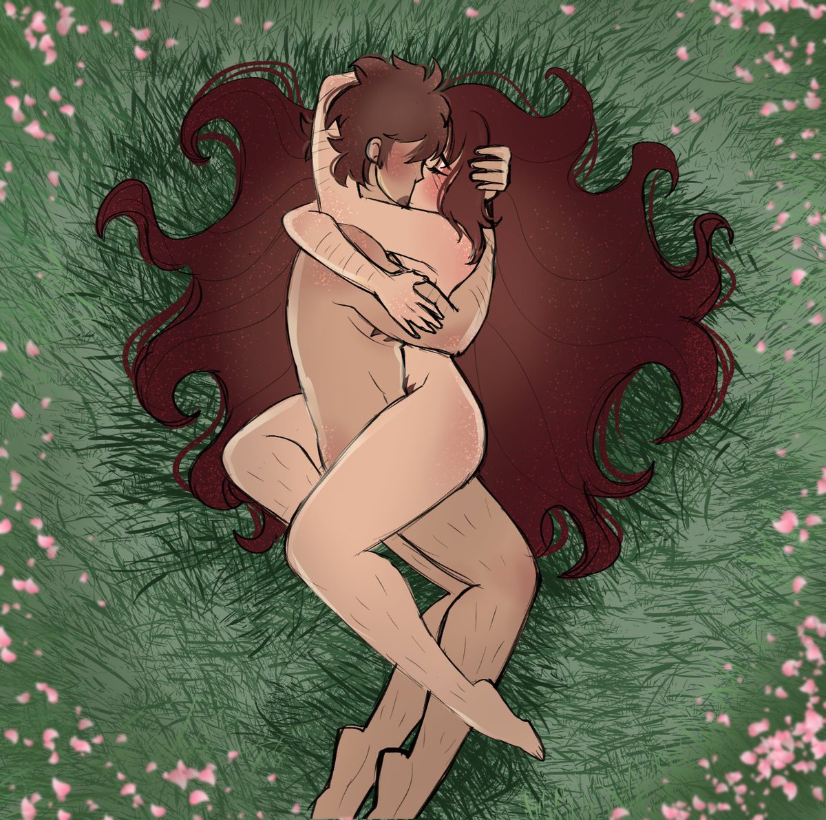 adam_(hazbin_hotel) adam_and_eve closed_eyes completely_nude eve_(hazbin_hotel) garden_of_eden grass hazbin_hotel hugging kissing lying_down missionary_position nude_female nude_male