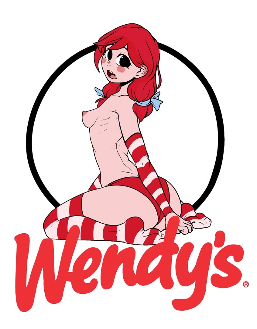 areolae, ass, black eyes, blush, blush stickers, breasts, cute, detached sleeves, female, female only, full body, hair ribbon, huge ass, human, kneeling, logo, long hair, looking at viewer, looking back, mimicp, nipples, open mouth, panties, red hair, red panties, sideboob, small breasts, solo, striped legwear, striped sleeves, striped thighhighs, thighhighs, tied hair, topless, twintails, wendy thomas, wendy's, white background