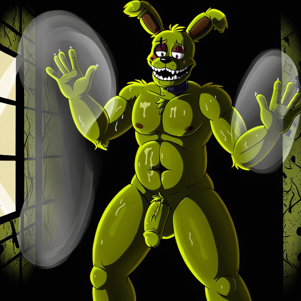 1boy ai_generated anthro balls erection fangs fazbear_frights five_nights_at_freddy's fnaf furry green_body humanoid nude on_glass penis rabbit solo solo_focus springtrap_(fnaf) steam