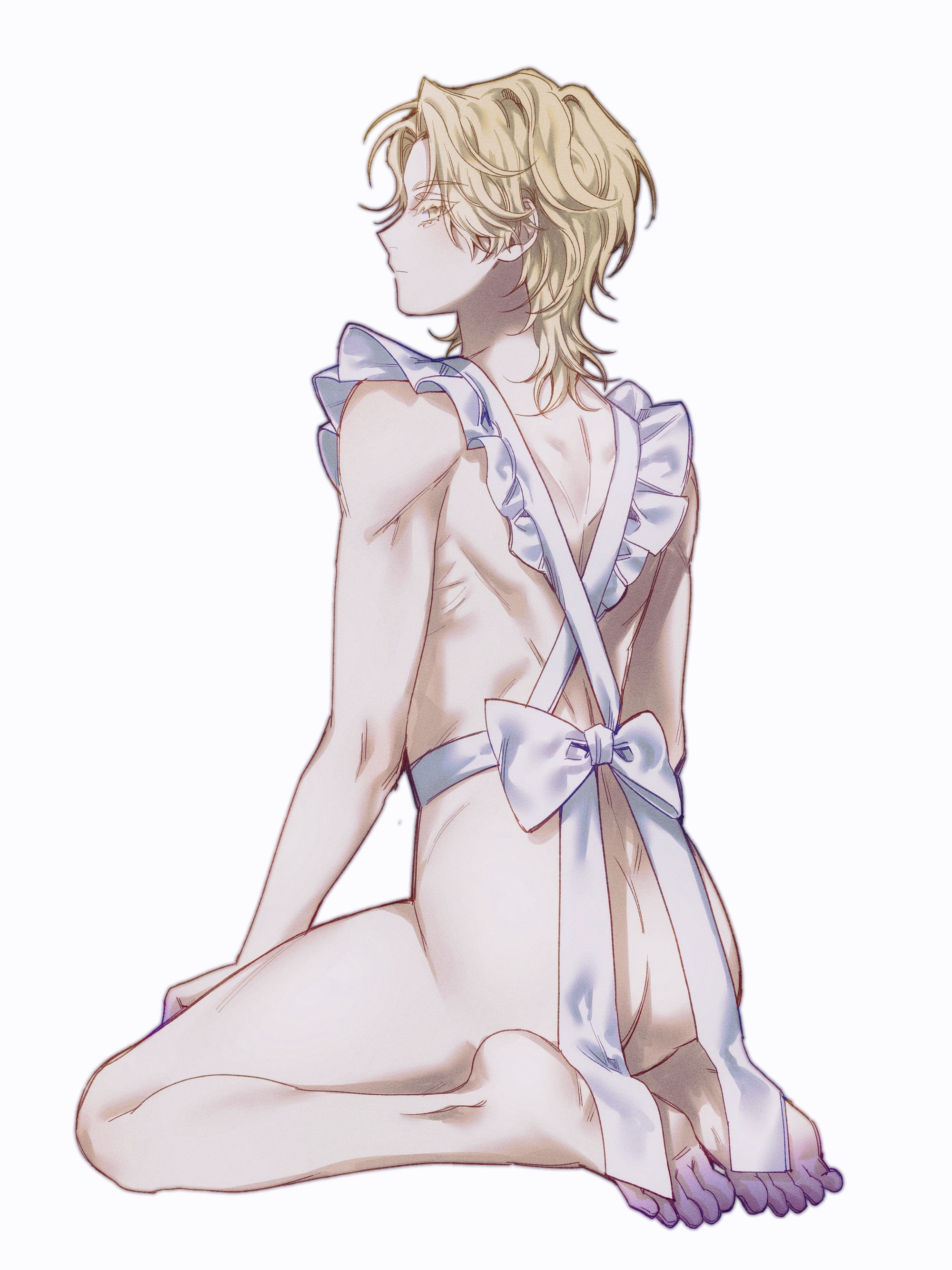 1boy, alien stage, apron, ass, barefoot, blonde hair, colored extremities, colored eyelashes, frilled apron, from behind, kneeling, looking at viewer, looking back, luka (alien stage), male, male focus, sitting, solo, t4o3q, white apron, white bow, yellow eyes