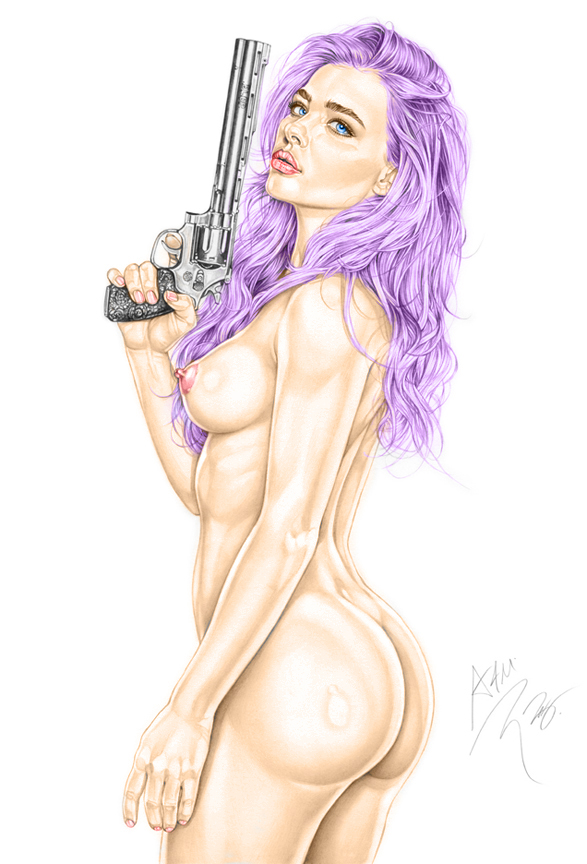 1girls actress armando_huerta artist_name ass bare_shoulders blue_eyes breasts celebrity chloe_grace_moretz colored dat_ass eyelashes female female_only gun hips hit-girl holding_gun holding_weapon human kick-ass large_breasts legs lips long_hair looking_at_viewer marvel nail_polish nipples purple_hair sideboob signature solo standing tagme thighs topless weapon