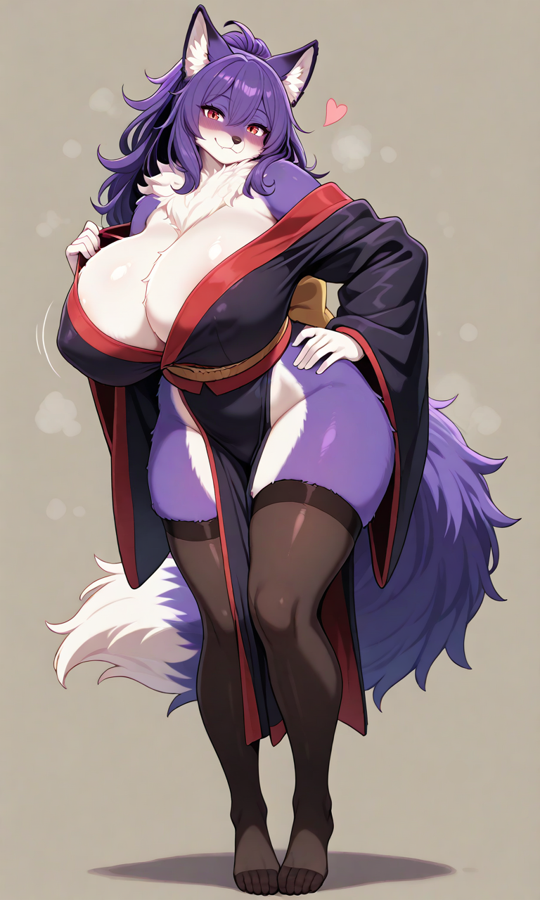 ai_generated anthro areola_bulge bangs black_kimono black_thighhighs breasts curvy fangs female female_only fox fox_girl furry furry_female furry_only hair_between_eyes hand_on_hip head_tilt hip_sway huge_breasts imforskin kimono large_breasts long_hair looking_at_viewer nipple_bulge purple_fur purple_hair red_eyes simple_background slit_pupils smile solo thick_thighs thighhighs voluptuous white_fur wide_hips