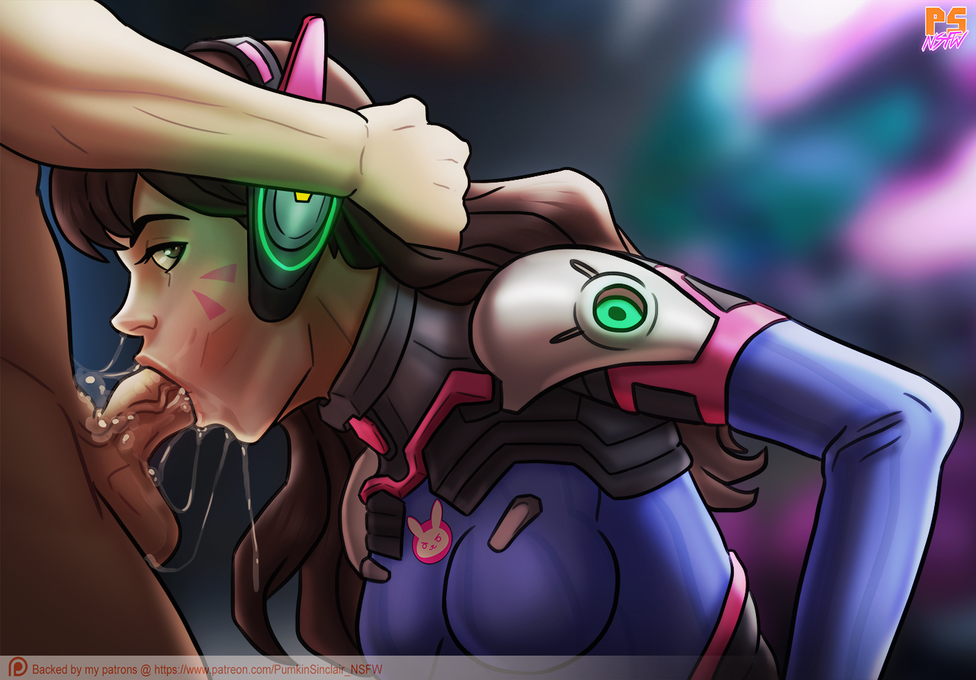 1boy, balls, breasts, cleavage, d.va, erection, faceless male, fellatio, female, interracial, light skin, light-skinned male, looking at viewer, male, oral, overwatch, penis, pumpkinsinclair, straight, testicles
