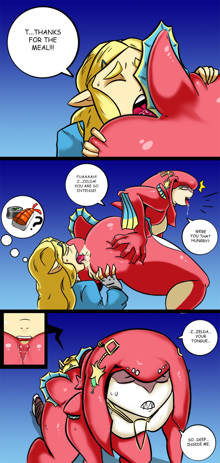 2girls anilingus anus ass back breath_of_the_wild comic deep_rimming dialogue english_text female_only fish_girl from_behind interspecies kneeling mipha multiple_girls nintendo oddrich oral princess_mipha princess_zelda rimjob rimming sharp_teeth sushi text the_legend_of_zelda uncensored wide_hips x-ray yellow_eyes yuri zelda_(breath_of_the_wild) zora