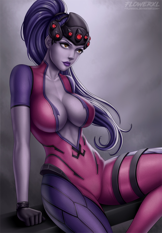 1girls, artist name, big breasts, blizzard entertainment, bodysuit, breasts, cleavage, covered breasts, female, female only, flowerxl, fully clothed, gloves, hips, huge breasts, large breasts, legs, long hair, overwatch, ponytail, purple hair, purple skin, solo, tagme, thighs, tied hair, watermark, web address, widowmaker, yellow eyes