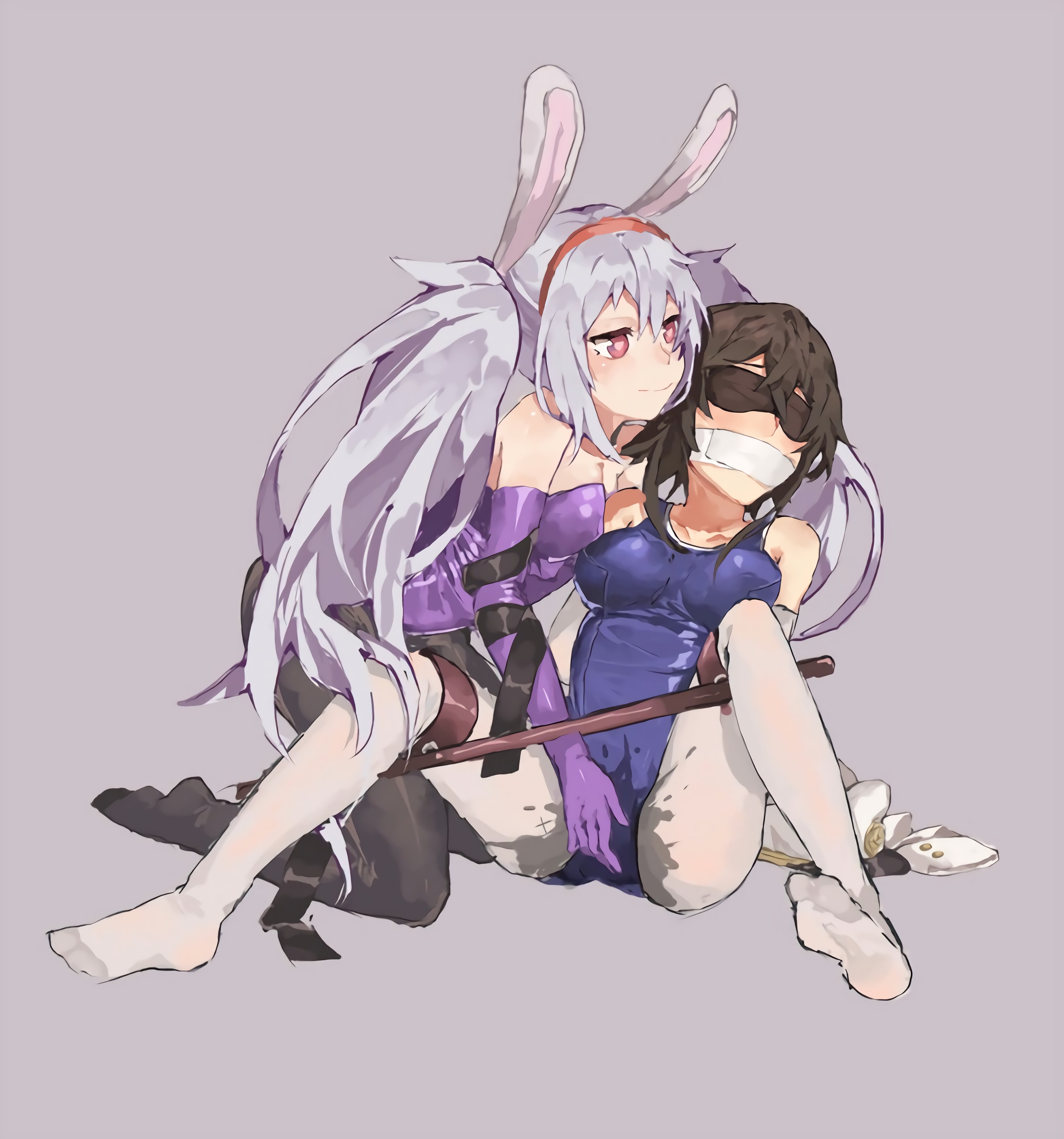 2girls, amiba (amiba00638239), azur lane, black hair, blindfold, bondage, bunny ears, bunnysuit, female, forced orgasm, gag, gagged, laffey (azur lane), molestation, multiple females, multiple girls, restrained, school swimsuit, spreader bar, tape, tape gag, taped mouth, white hair, white tape, yuri