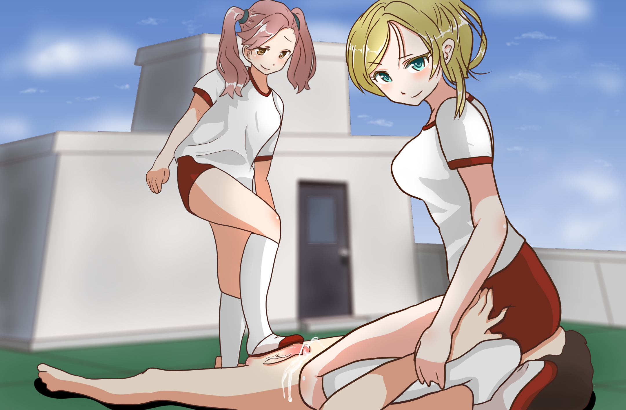 1boy, 2girls, domination, facesitting, feet, female, femdom, footjob, footjob with legwear, hisano, male, multiple females, multiple girls, shoejob, sitting on face, sitting on person, smug, standing, standing footjob, tagme
