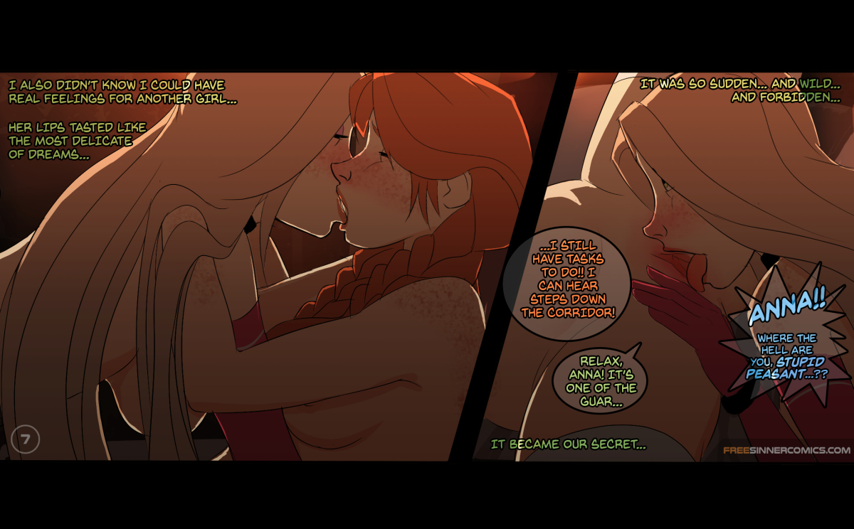 2girls, absurdly long hair, anna (frozen), blonde hair, blush, braid, breasts, choker, closed eyes, comic, crossover, cunnilingus, dialogue, disney, disney princess, elbow gloves, english, english text, eyeshadow, female, female only, femsub, freckles, french kiss, frozen (film), ginger, gloves, green eyes, hair braid, hanging breasts, heavy blush, hips, kissing, legs, legwear, long hair, looking at another, lying, makeup, medium breasts, multiple females, multiple girls, multiple subs, nude, oral, orange hair, pale skin, passionate, perky breasts, pink gloves, platinum blonde hair, pussy, rapunzel (tangled), red hair, sideboob, sillygirl, sinner! (sillygirl), speech bubble, spread, spread legs, stockings, tangled, text, thighhighs, thighs, tied hair, twin braids, uncensored, vagina, yuri