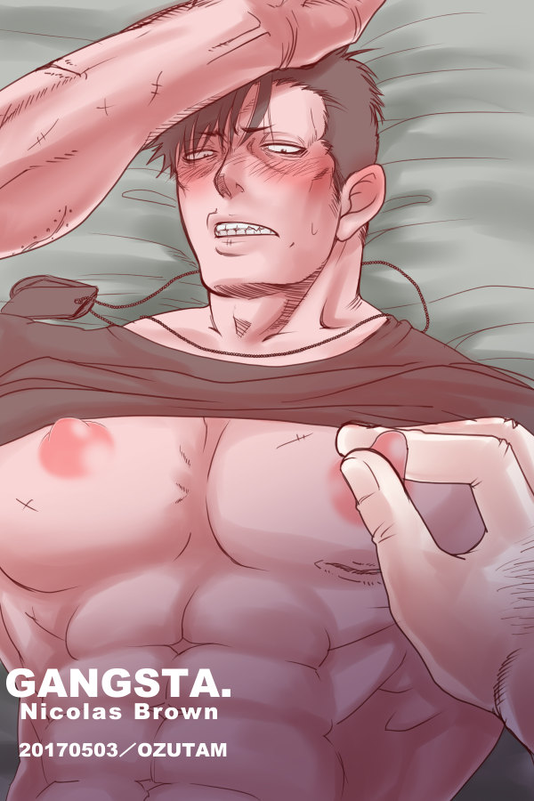 2boys abs bara black_hair blush gangsta male_only multiple_boys muscle nicolas_brown nipples pecs scar teeth undressing yaoi