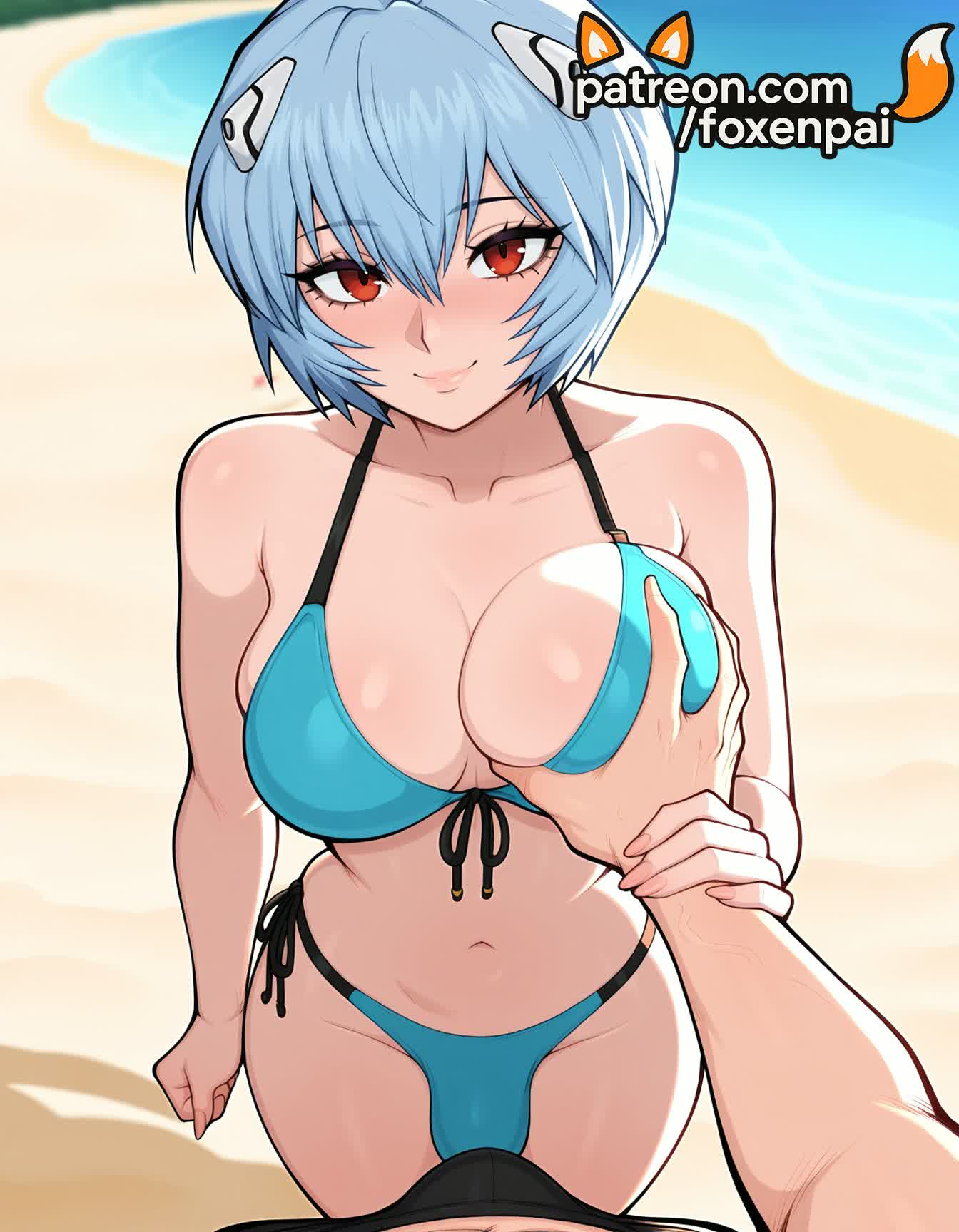 1futa, 2025, ai generated, artist name, beach, big breasts, big chest, bikini, blue bikini, blue hair, blush, breast grab, breasts, bust, busty, chest, day, eyebrows visible through hair, foxenpai, futanari, grabbing, guided breast grab, hi res, high quality, high resolution, highres, intersex, large breasts, looking at viewer, navel, neon genesis evangelion, ocean, outdoors, patreon, patreon username, pov, pov hands, red eyes, rei ayanami, sand, short hair, side-tie bikini, smile, solo focus, stable diffusion, swimsuit, water, watermark