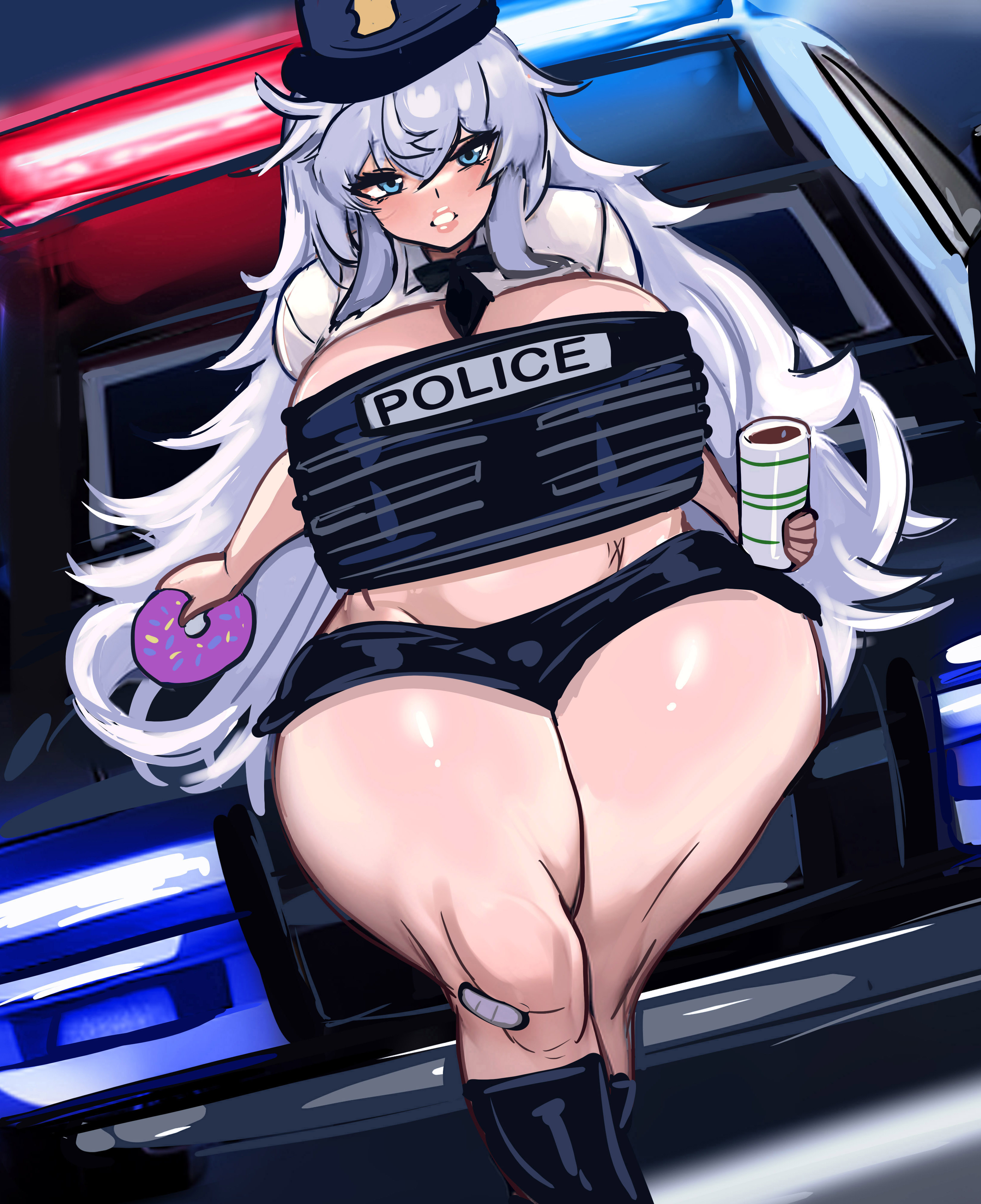 1girls, big breasts, breasts, chubby, chubby female, drawing, fanart, female, goddess of victory: nikke, huge breasts, large breasts, magentapeel, milf, muscles, muscular, muscular female, nikke, plump, poli (nikke), police, sweat, voluptuous