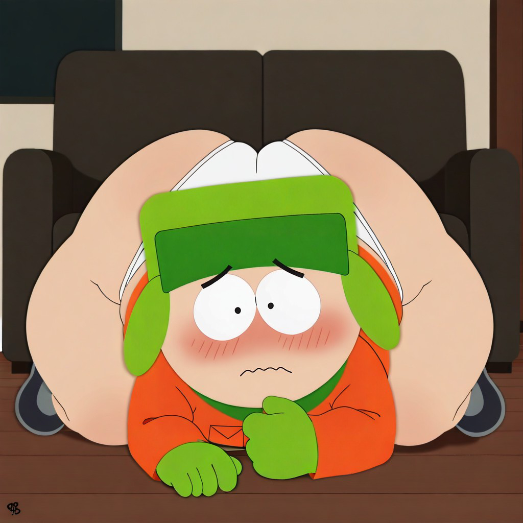 1boy, ai generated, ass, ass bigger than head, ass up, blush, blushing, cartoony, caught, comedy central, disproportional, divine x, embarrassed, fat ass, fat butt, head down ass up, hyper, hyper ass, hyper butt, jewish, kyle broflovski, large ass, large butt, male, solo, solo male, south park, thunder thighs, underwear, ushanka