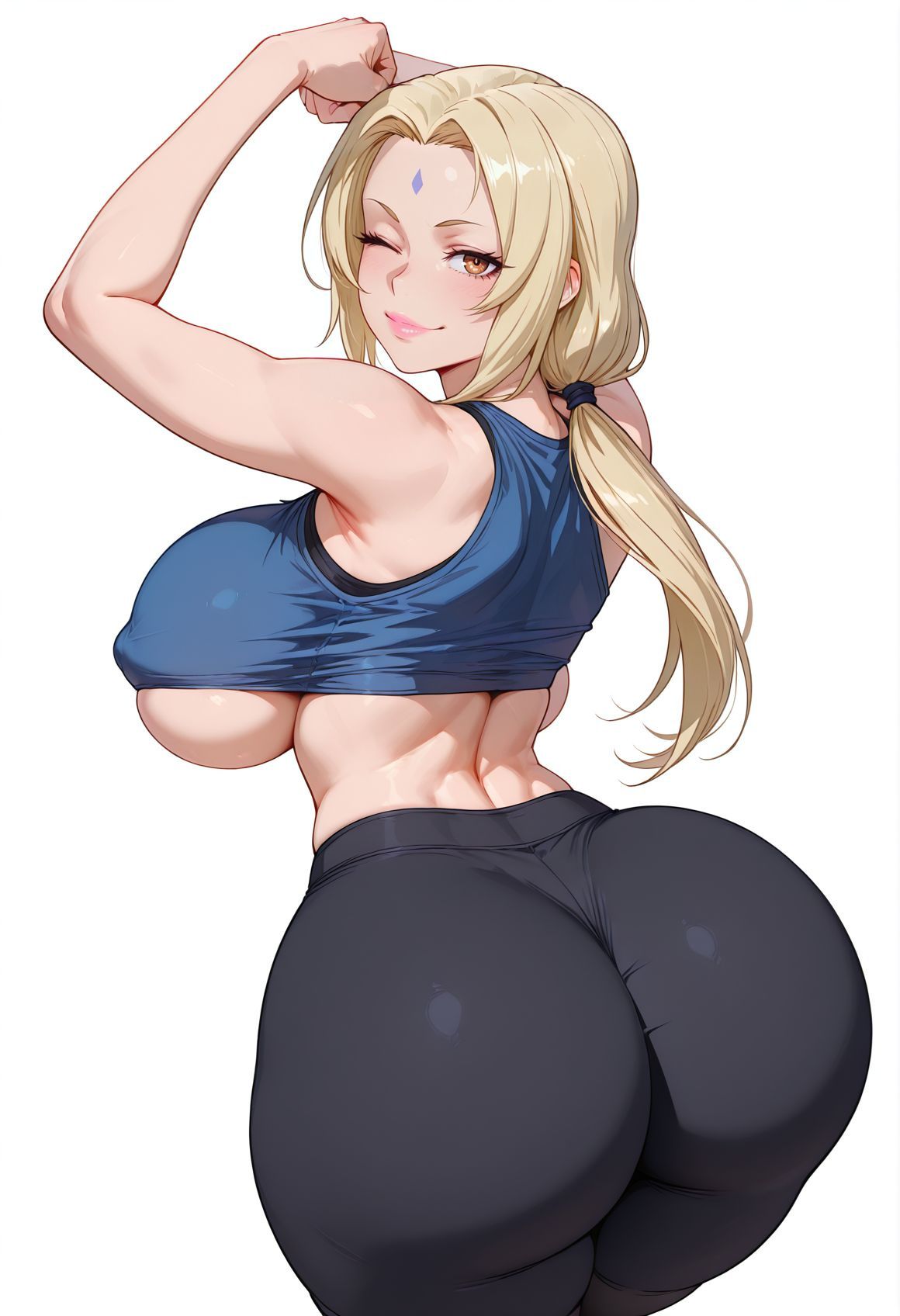 1girls, ai generated, big ass, blonde hair, breasts, brown eyes, dirty blonde hair, female, large breasts, lewdwaifulaifu, looking at viewer, looking back, naruto, naruto (series), older female, sideboob, slim waist, thick thighs, tsunade, underboob, voluptuous