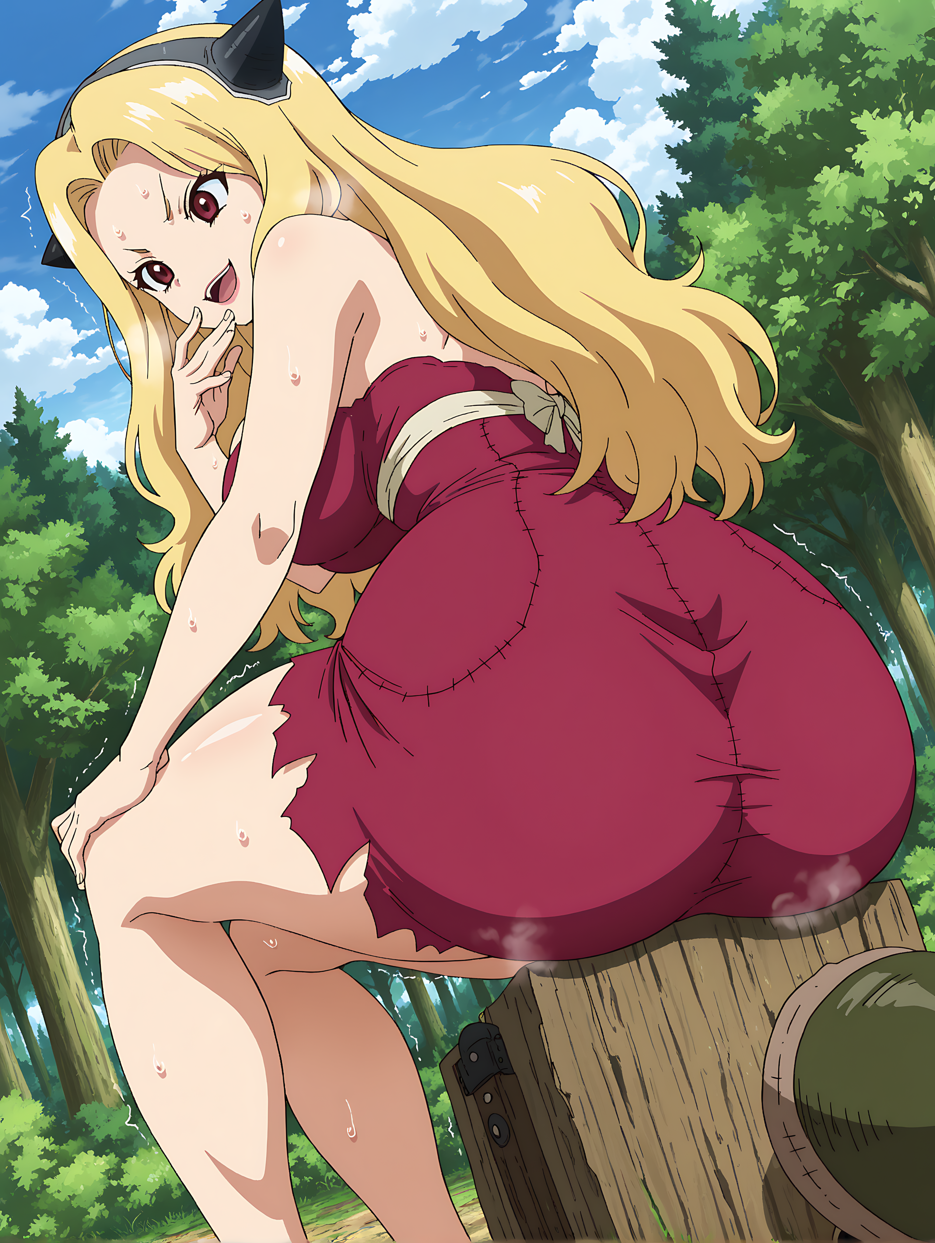 ai generated, back view, backboob, bare thighs, big ass, big butt, blonde hair, breasts, dr.stone, fat ass, female, gigantic ass, gigantic breasts, hair ornament, hokutozai minami, huge breasts, huge thighs, light skin, light-skinned female, long hair, massive ass, massive breasts, red eyes, smiling, solo female, squatting, sweat, sweatdrop, temper1, thick body, thick female, thick thighs, thighs, voluptuous, voluptuous female