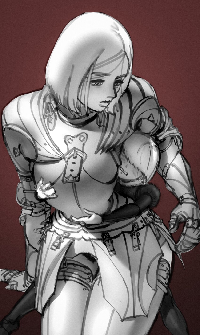 2d, 2d (artwork), 2d artwork, age difference, blush, blush lines, blushed face, blushing, blushing face, blushing male, bobcut, bobcut hair, breasts, clothed, clothed female, clothed female clothed male, clothed male, clothed male clothed female, dry humping, female, grabbing, grabbing breasts, grabbing from behind, grind, grinding, grinding through clothes, grope, grope from behind, groped, groped from behind, groping, groping breast, groping breasts, groping from behind, hips, hips grab, humping, knight, larger female, looking at another, looking at partner, looking back, looking down, male, medieval, medieval armor, medieval armour, medieval clothing, monochrome, older female, older female and younger male, original, original art, original artwork, original character, original characters, red background, size difference, smaller male, straight, taller female, taller woman, wassnonnam, wide hips, young, younger male