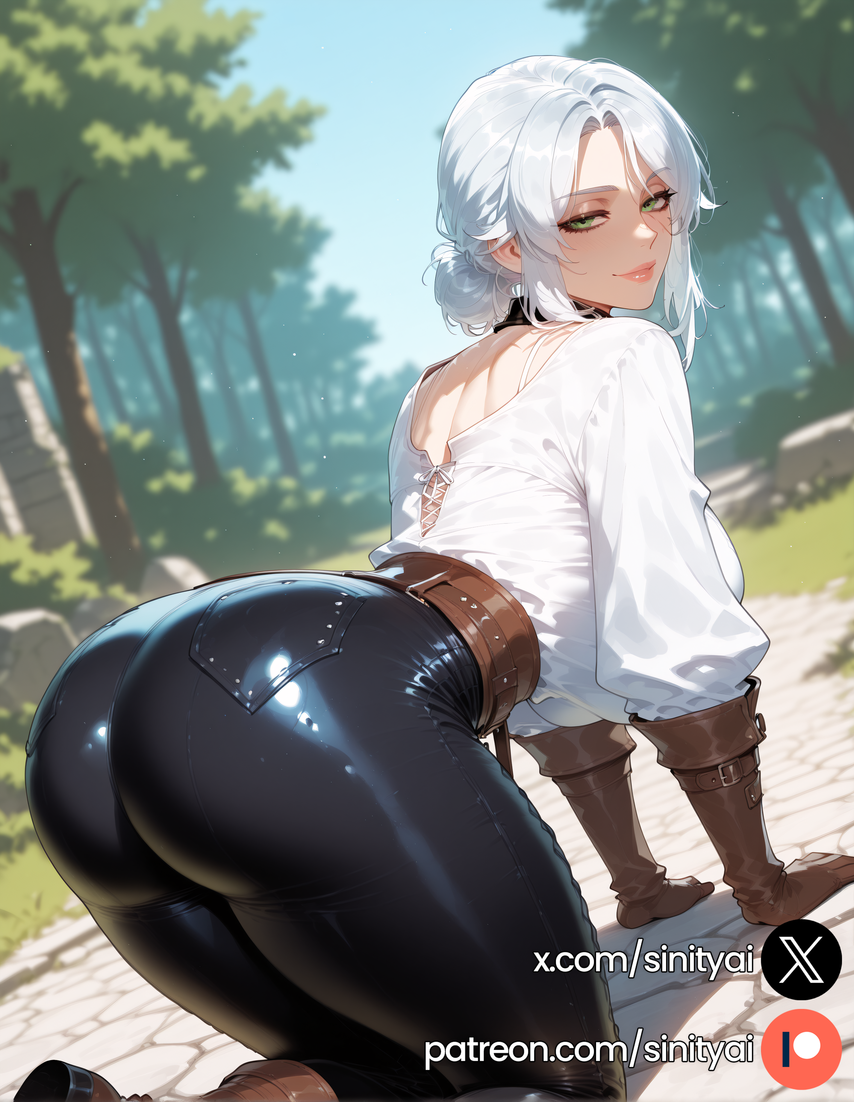 1girls, 2025, ai generated, ass, big ass, big breasts, blurred background, blurry background, breasts, ciri, depth of field, female, green eyes, hi res, high quality, high resolution, highres, huge ass, huge breasts, huge thighs, patreon, patreon link, patreon logo, patreon url, patreon username, scar, scar on face, short hair, sinity, small waist, the witcher (series), the witcher 3: wild hunt, thick thighs, thin waist, white hair