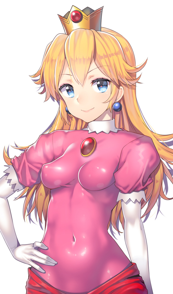 1girls, belly, blonde hair, blue eyes, bodysuit, breasts, dress, elbow gloves, female, female only, gem, hand on hip, impossible clothes, looking at viewer, mario (series), medium breasts, midriff, nagase haruhito, navel, nintendo, nipple bulge, princess peach, simple background, skin tight, smile, solo, standing, tight clothing, white background