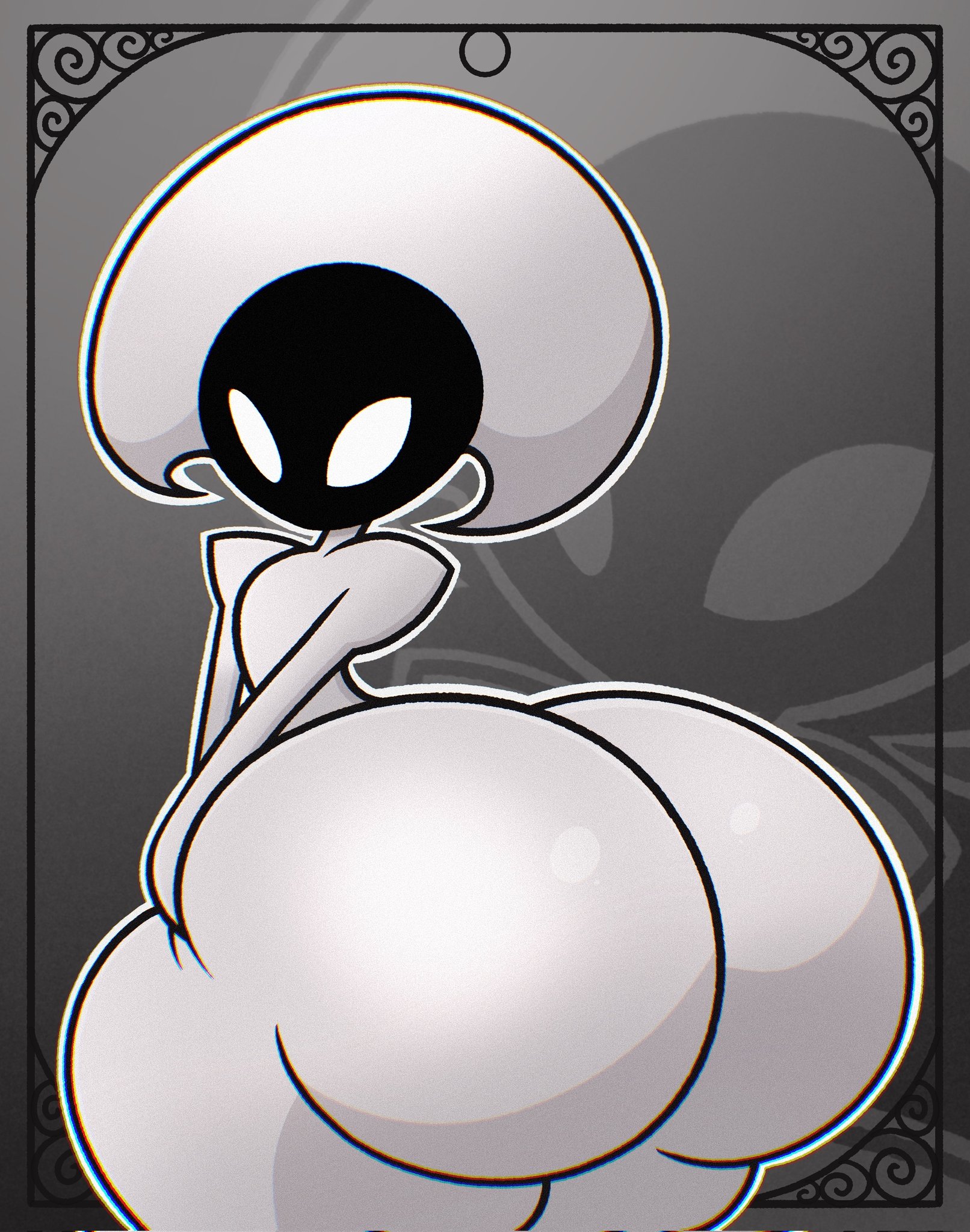 1girls, ass, big ass, big butt, breasts, fat ass, female, female only, gray background, hollow knight, hollow knight: silksong, horns, hyper ass, lace (hollow knight), looking at viewer, looking back, princess jomes, shoulders, small breasts, thick thighs, thin arms, white body